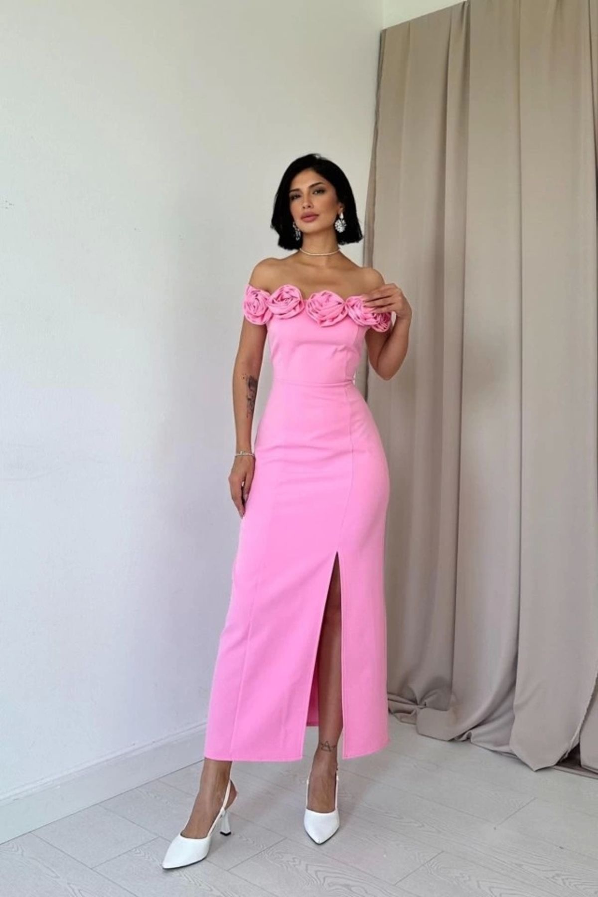 nedo7 Pembe Madonna Yaka Güllü Elbise