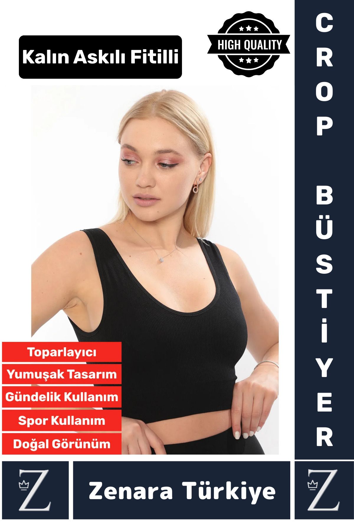 Zenara Özel Model Göğüs Toparlayan Sarkma Önleyen Gündelik Spor Kullanım Kalın Askılı Fitilli Crop Büstiyer
