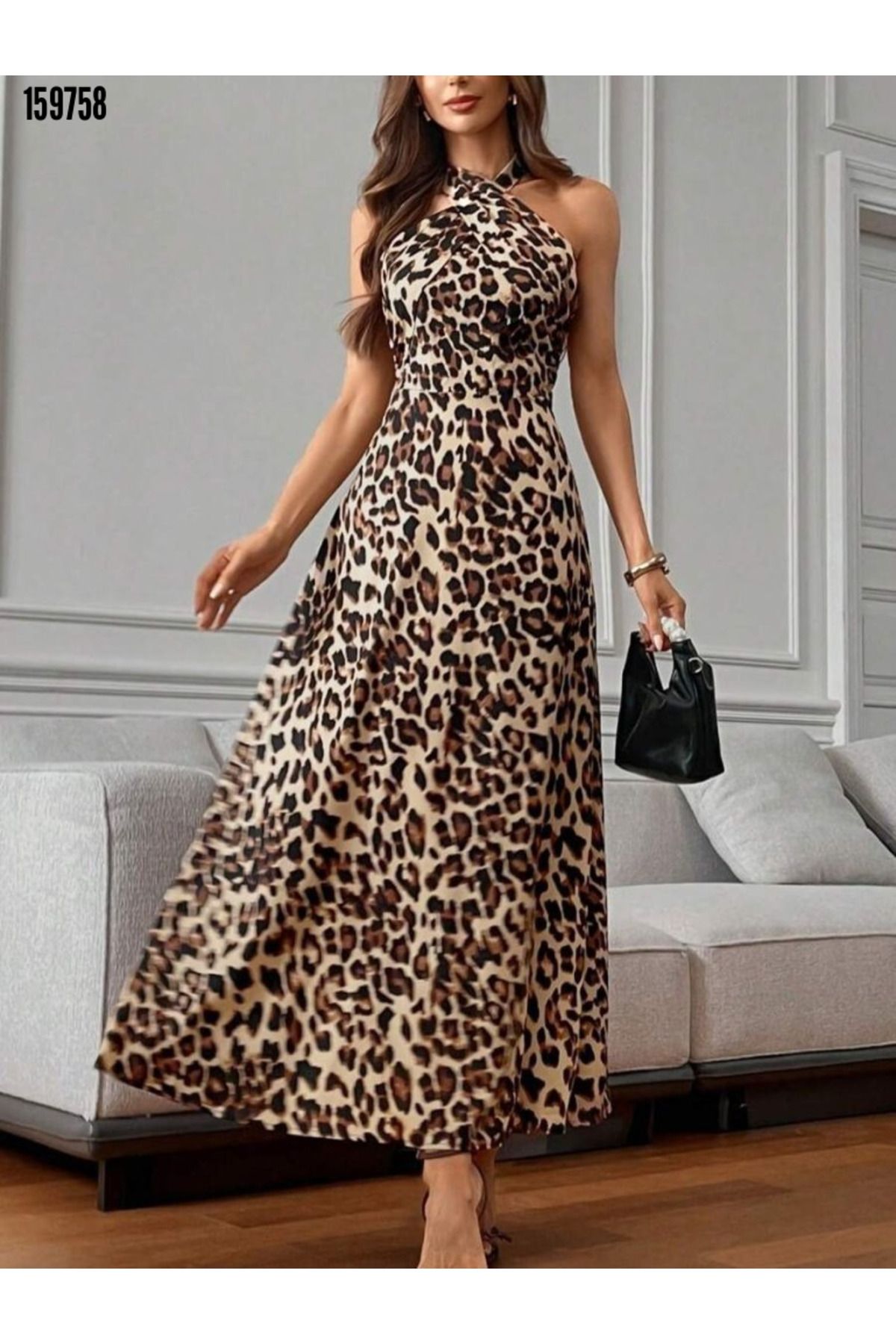 BZ Boutique Boyundan Çapraz Bağlamalı Büyük Beden Leopar Süprem Elbise 159757