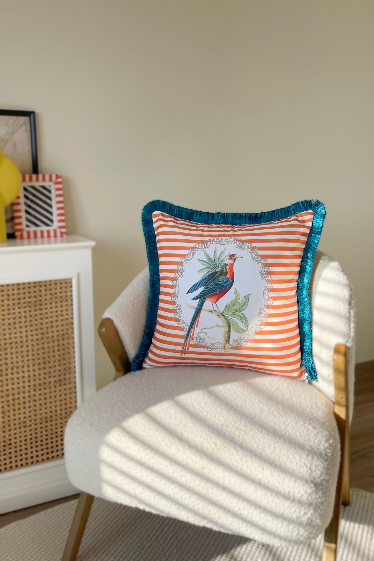 RİTMOHOME Kuş Desenli Püsküllü Vintage, Country, Iskandinav, Bohem 50x50 Dekoratif Yastık(İÇİ DOLGULU)