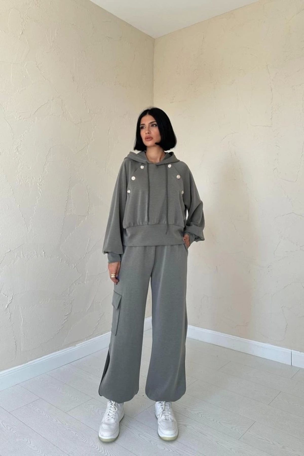 nedo7 Haki Kapüşonlu Sweatshirt Ve Kargo Pantolon Takım