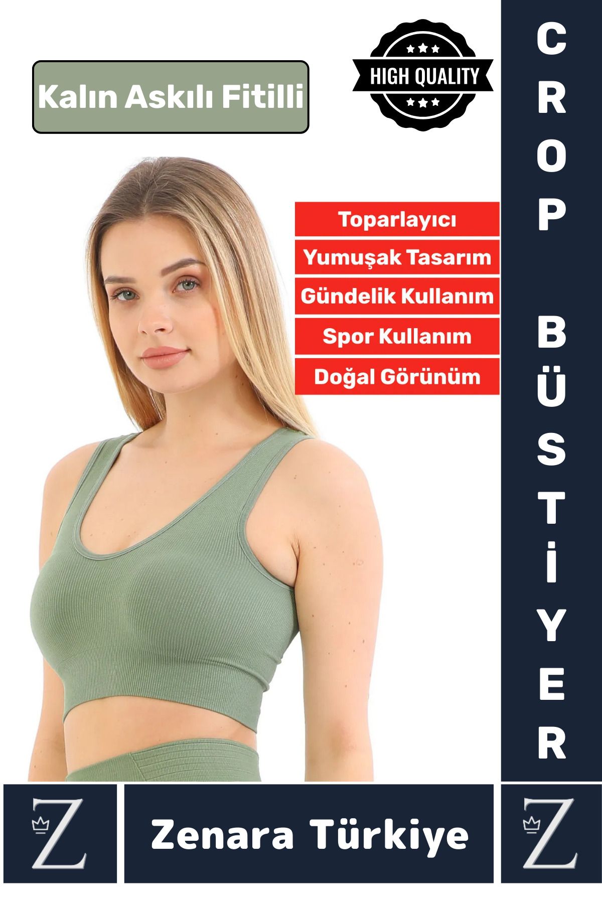 Zenara Özel Model Göğüs Toparlayan Sarkma Önleyen Gündelik Spor Kullanım Kalın Askılı Fitilli Crop Büstiyer