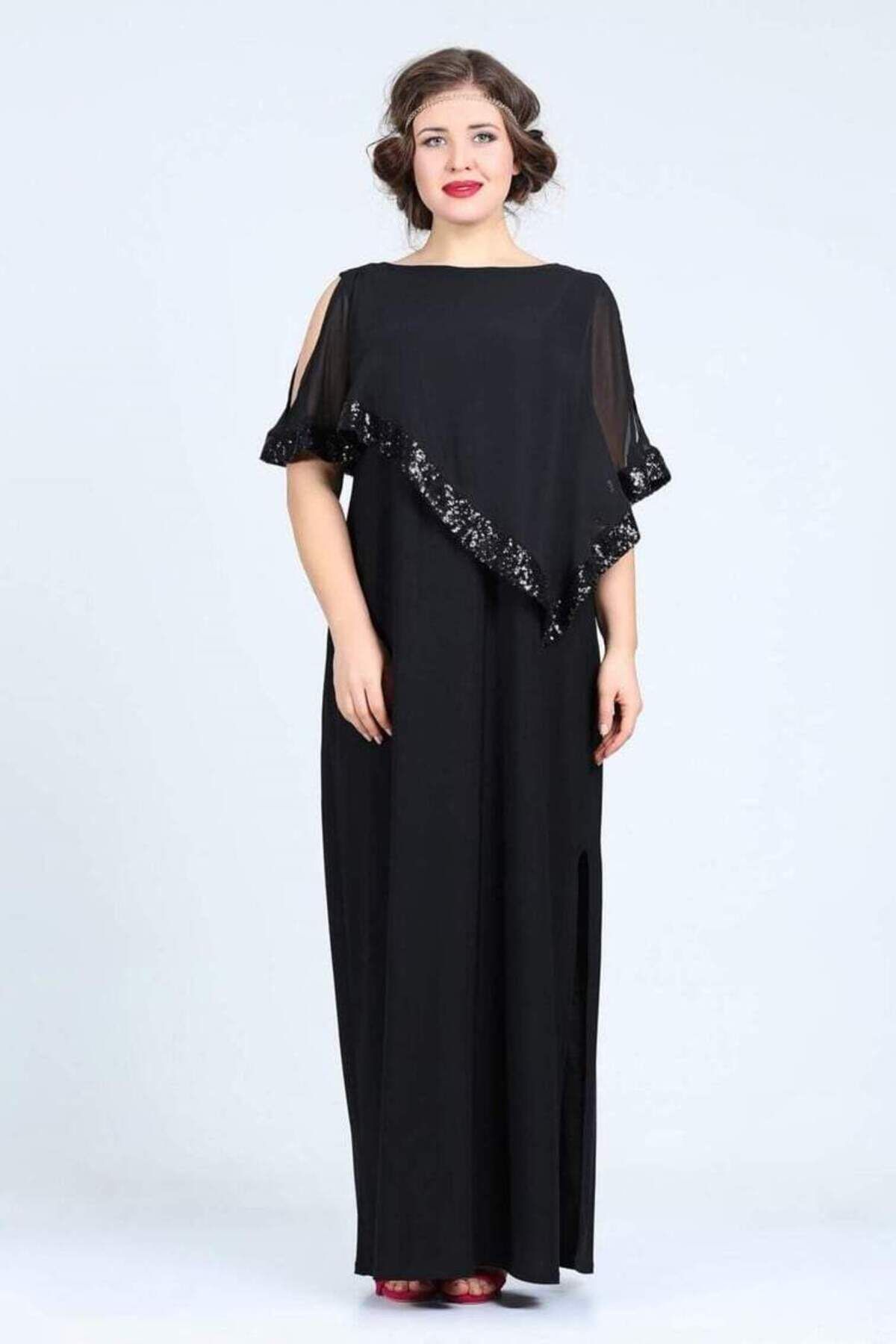 angelino butik Büyük Beden Payetli Uzun Abiye Elbise KL8022U Siyah