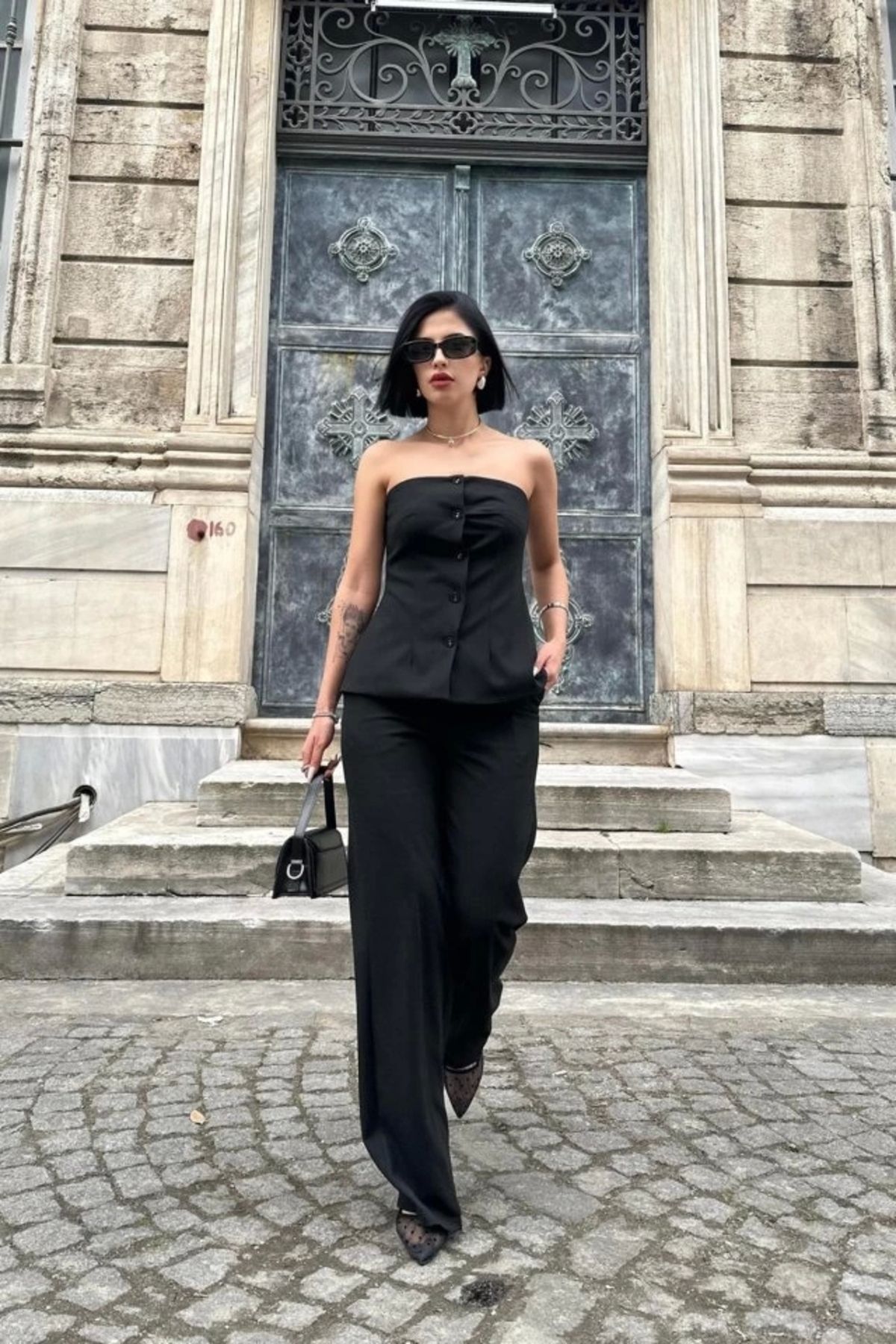 nedo7 Siyah Straplez Düğmeli Crop Ve Pantolon Takım