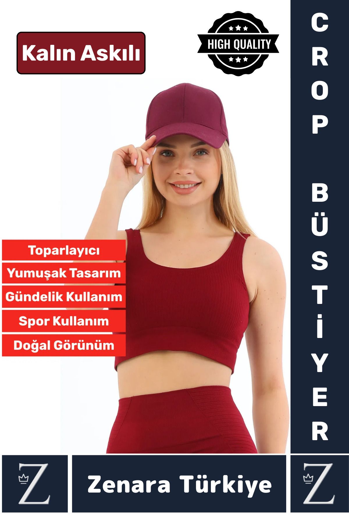 Zenara Yüksek Kaliteli Göğüs Toparlayan Sarkma Önleyen Gündelik Spor Kullanım Kalın Askılı Crop Büstiyer