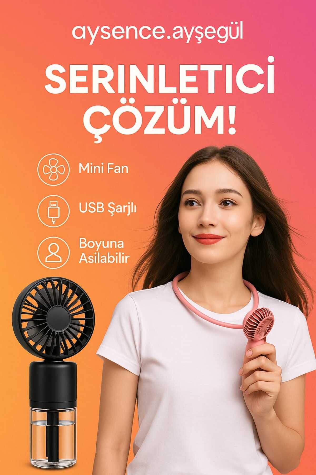 MODA Aysence.Ayşegül El Tipi Spreyli Mini Fan – USB Şarjlı Sessiz Taşınabilir Serinletici Vantilatör