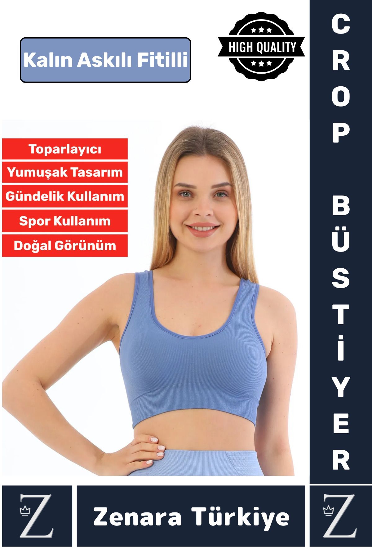 Zenara Özel Model Göğüs Toparlayan Sarkma Önleyen Gündelik Spor Kullanım Kalın Askılı Fitilli Crop Büstiyer