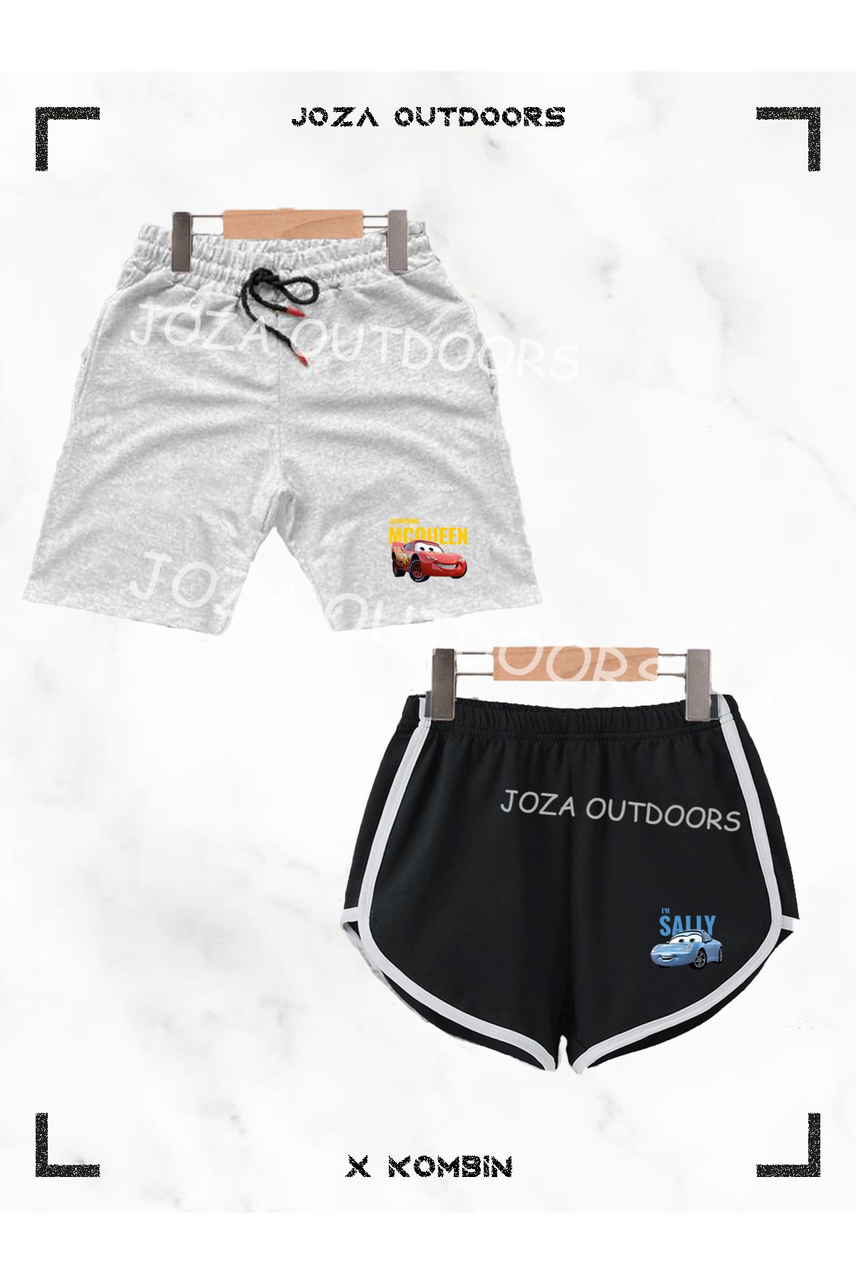 Joza Outdoors Kadın Erkek Unisex Sally & Mcqueen Baskılı Sevgili Çift Kombini Penye Şort ve Biyeli Şort 2li Takım