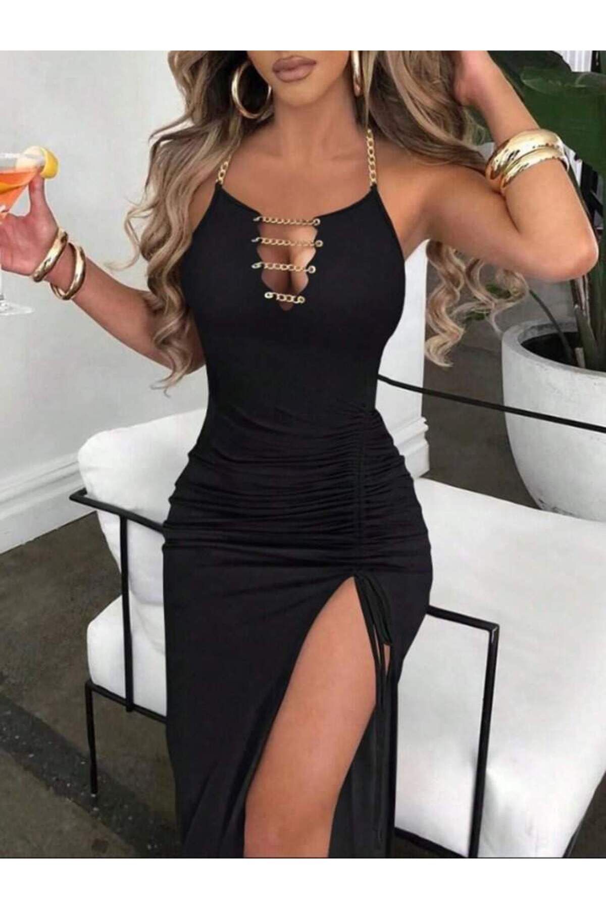 ANGELINO Kadın Ithal Full Likralı Sandy Kumaş Kuşgözü Ve Metal Zincir Detaylı Asansör Büzgülü Yırtmaç Dekolte