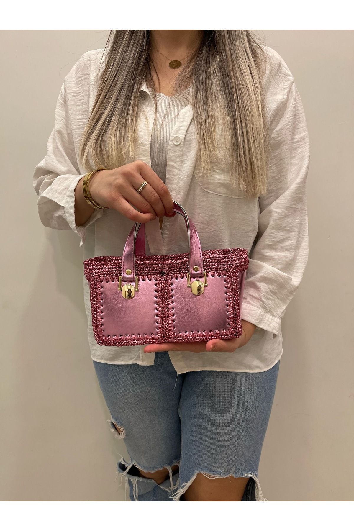 Matmazel Bags El örgüsü deri detaylı şık çanta