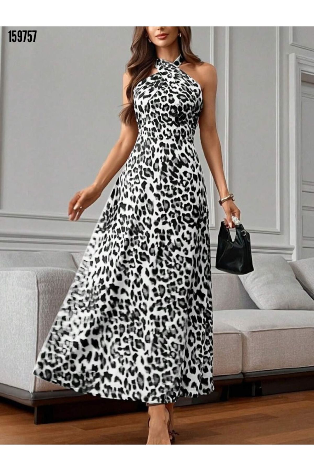 BZ Boutique Boyundan Çapraz Bağlamalı Büyük Beden Leopar Süprem Elbise 159757