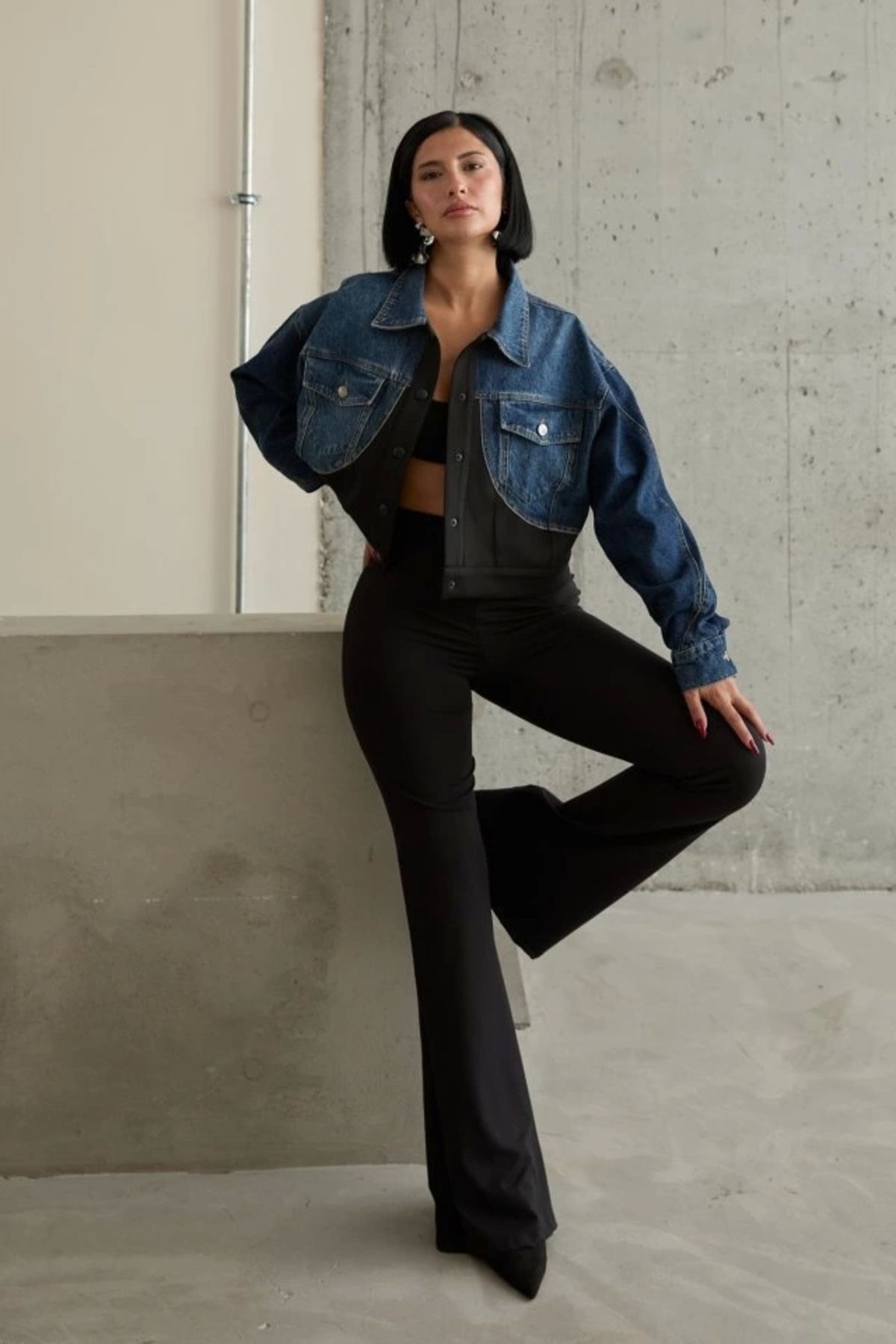nedo7 Siyah Denim Scuba Garnili Ceket