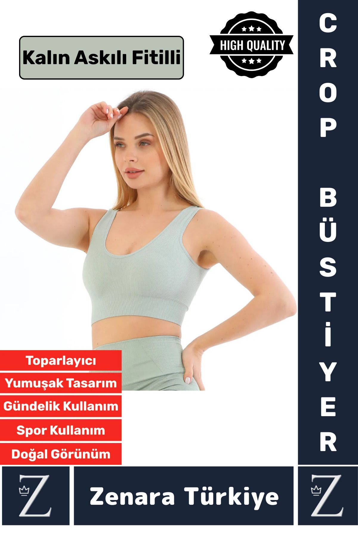 Zenara Özel Model Göğüs Toparlayan Sarkma Önleyen Gündelik Spor Kullanım Kalın Askılı Fitilli Crop Büstiyer