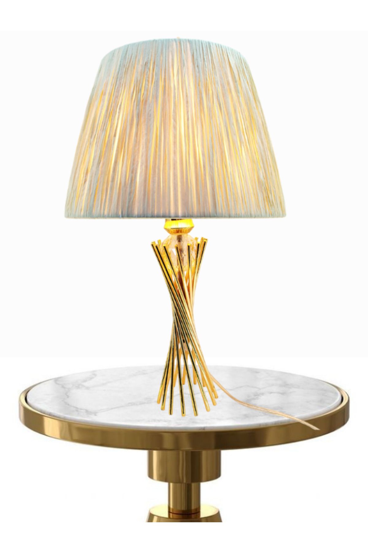 Decodelight Gold Kaplama Burgu Metal Ayaklı Kristal Cam Toplu Makrome ve Kağıt İp Sargı Şapkalı Abajur