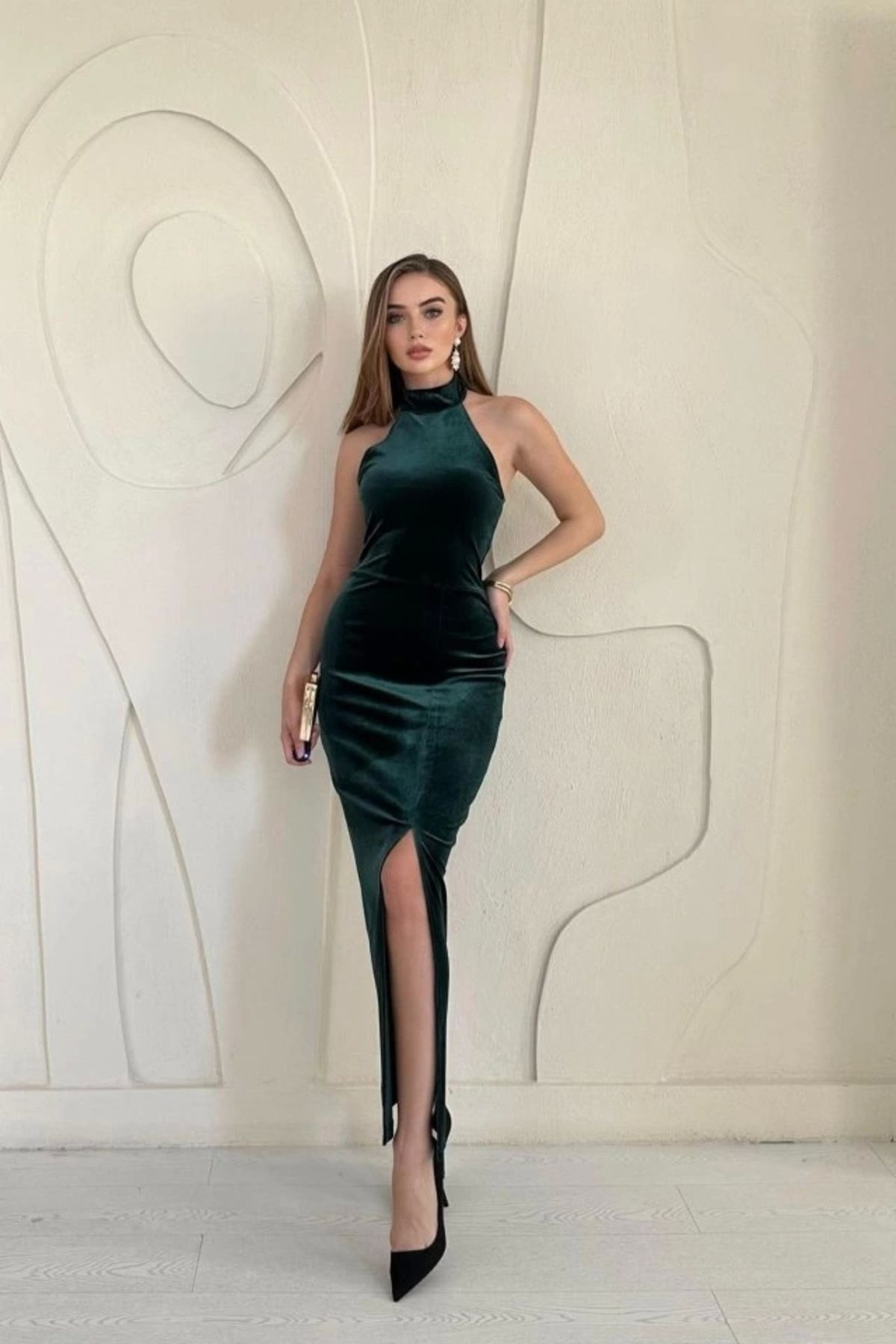 nedo7 Zümrüt Omzu Açık Kadife Elbise