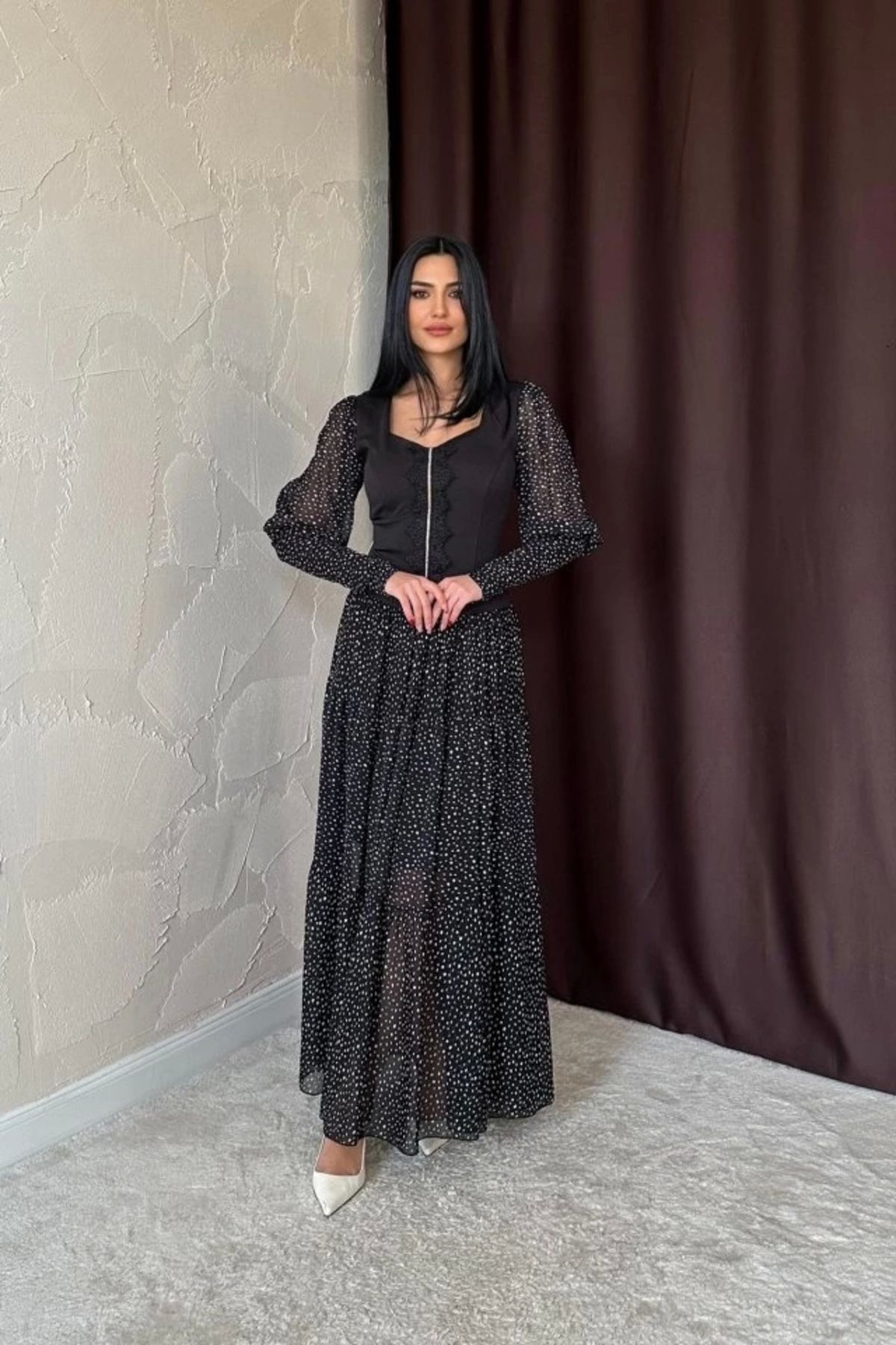 nedo7 Siyah Dantelli Taşlı Şeritli Elbise