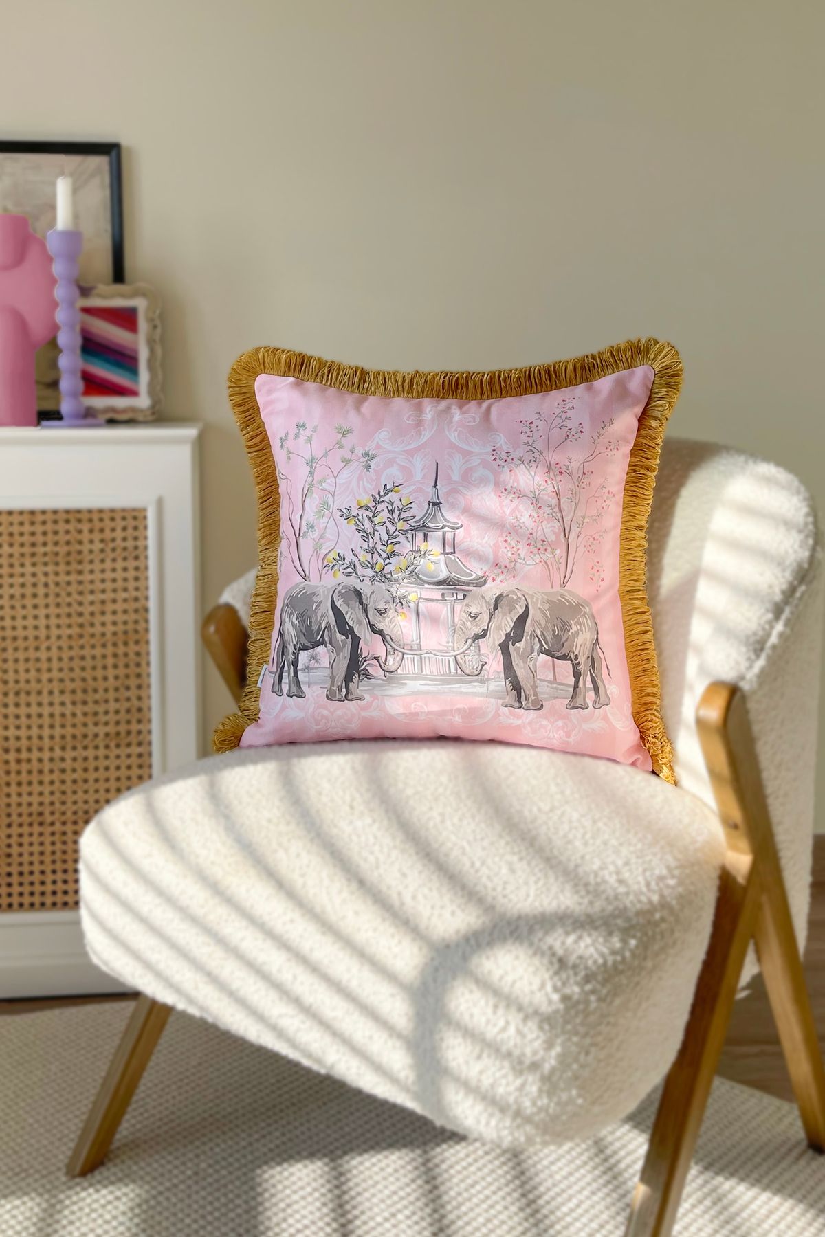 RİTMOHOME Fil Desenli Püsküllü Vintage, Country, Iskandinav, Bohem 50x50 Dekoratif Yastık(İÇİ DOLGULU)