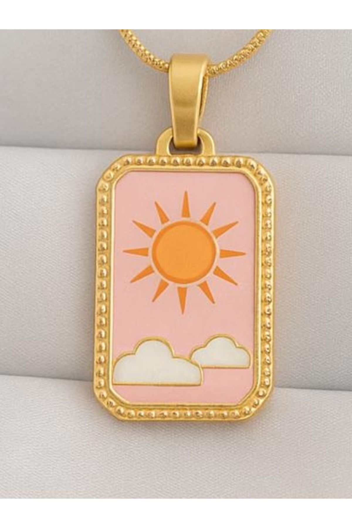 Monella 316L Çelik Gold Renk Pembe Mineli Güneş Model Tarot Kolye