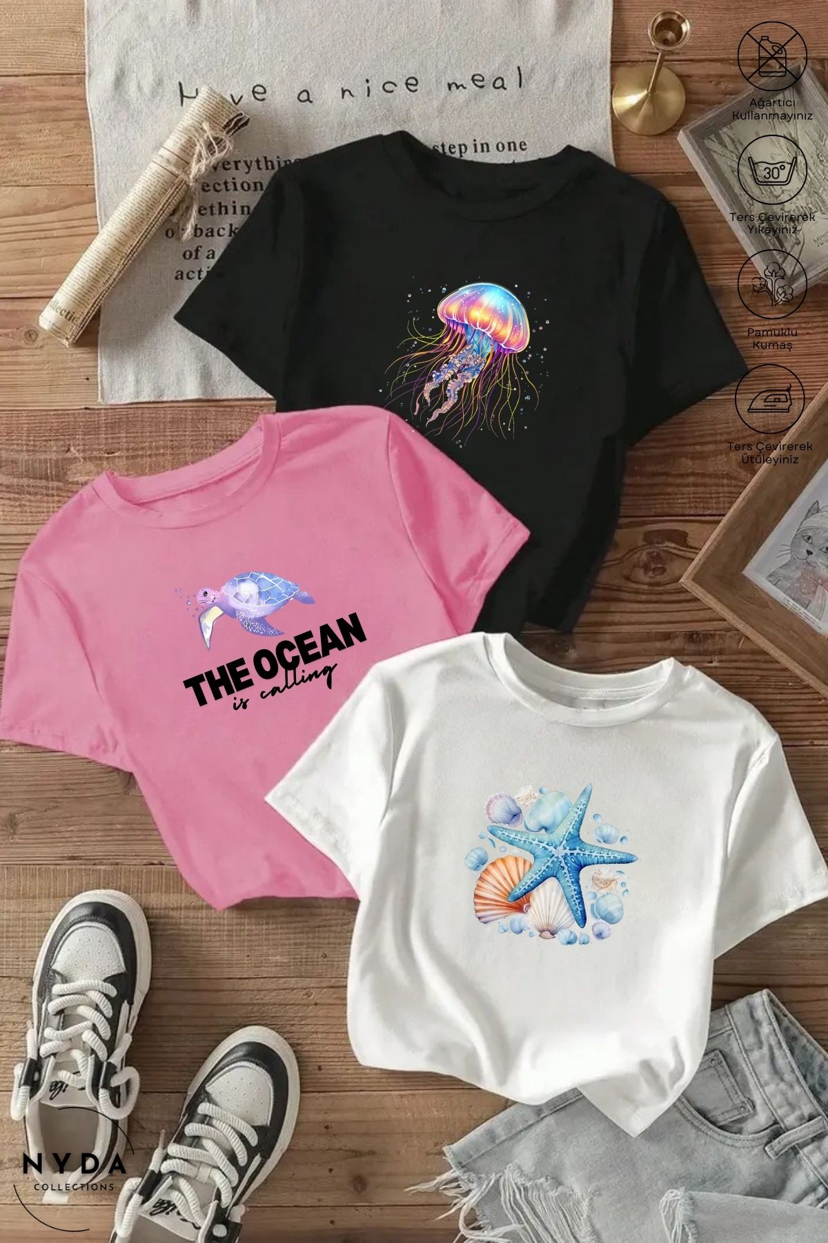 Nyda Collections Kadın Bisiklet Yaka Deniz Baskılı Pamuk Oversize 3lü Renkli Kısa Kollu Tişört Takım
