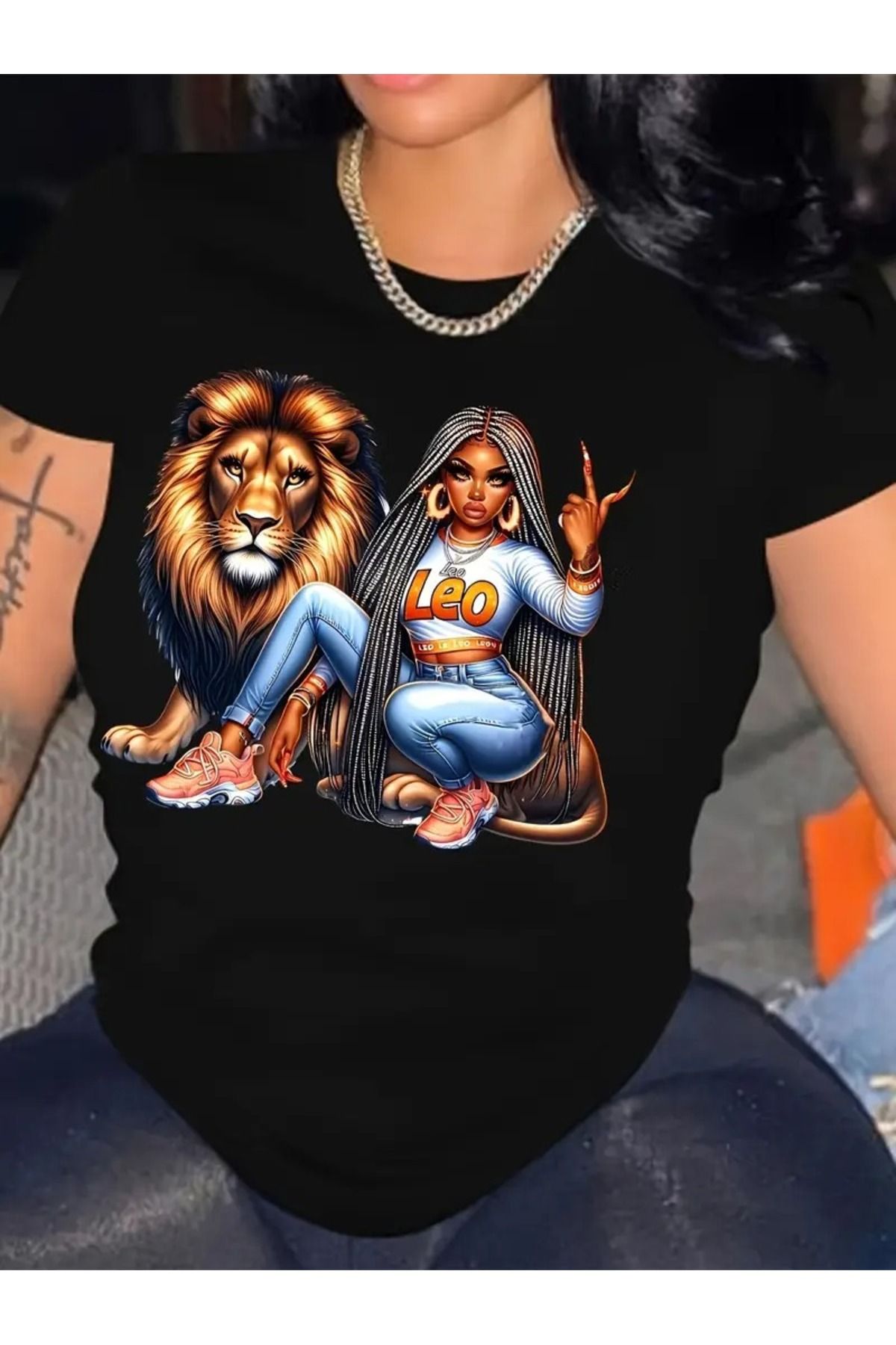 aynewmoda Kadın Aslan ve Kız Baskılı Tişört, İlkbahar ve Yaz İçin Günlük Kısa Kollu Tişört, Kadın Giyim