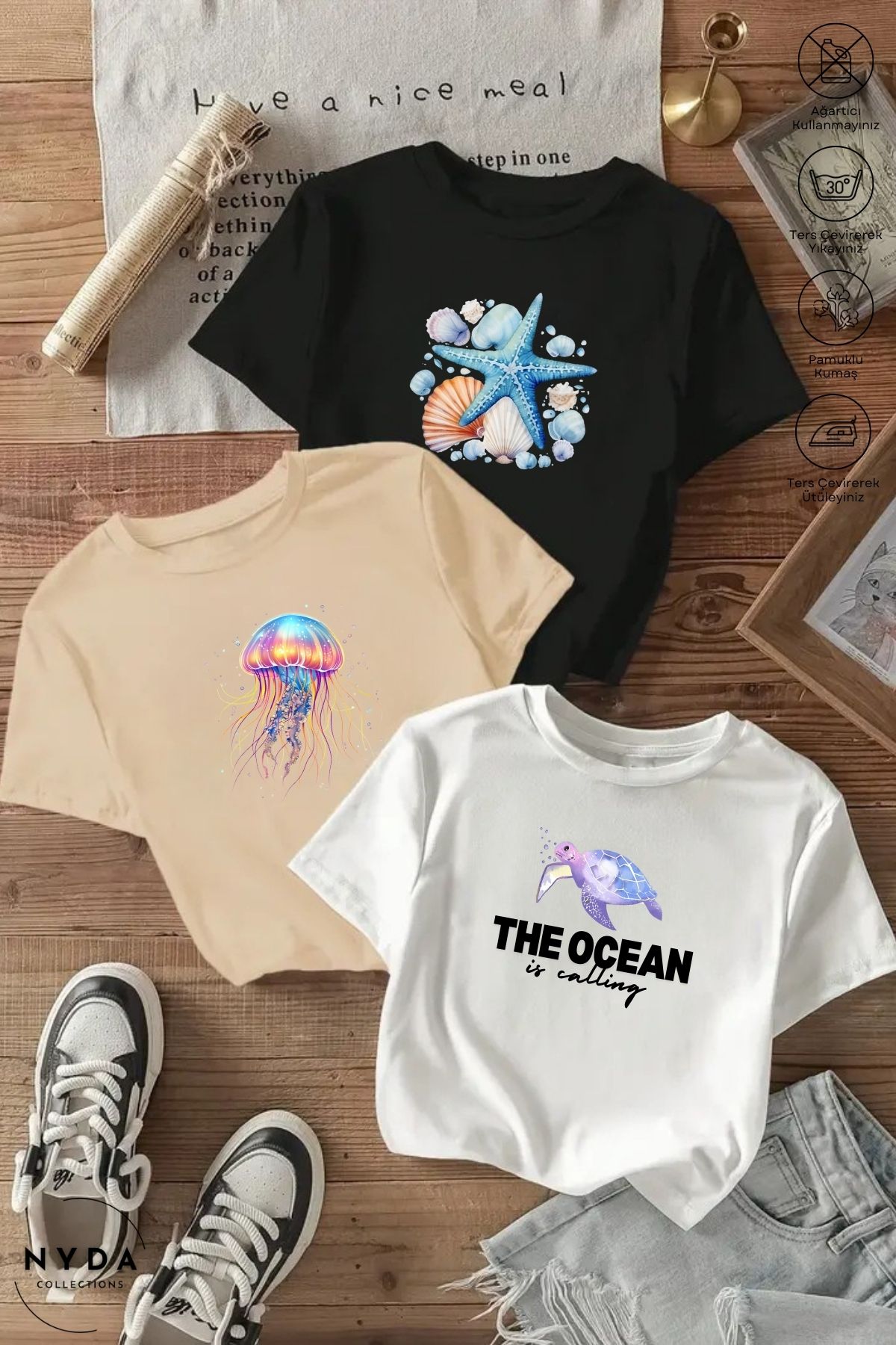 Nyda Collections Kadın Bisiklet Yaka Deniz Baskılı Pamuk Oversize 3lü Renkli Kısa Kollu Tişört Takım