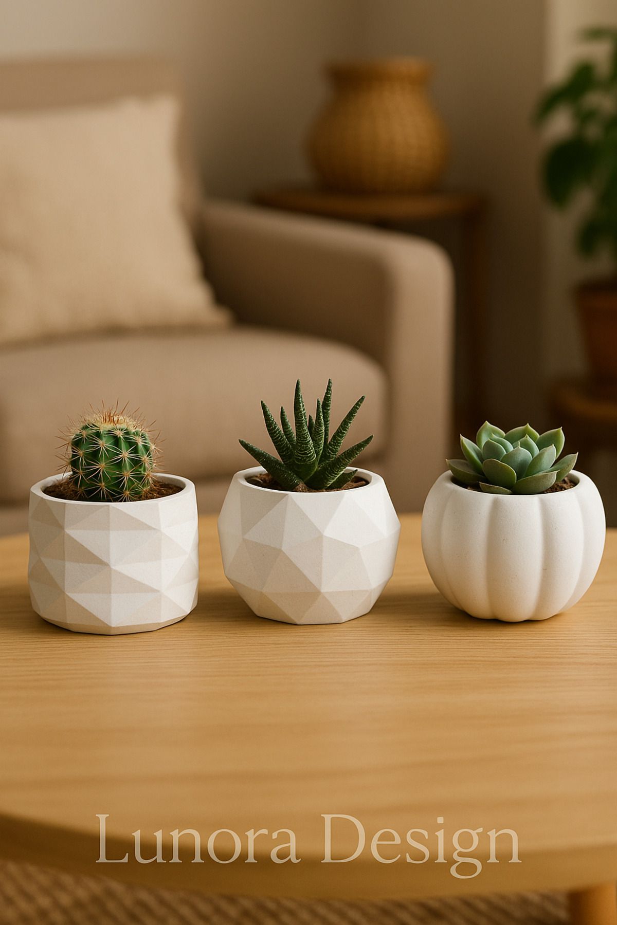 Lunora Design El Yapımı Geometrik Desenli 3’lü Mini Saksı Seti – Beyaz | Lunora Design