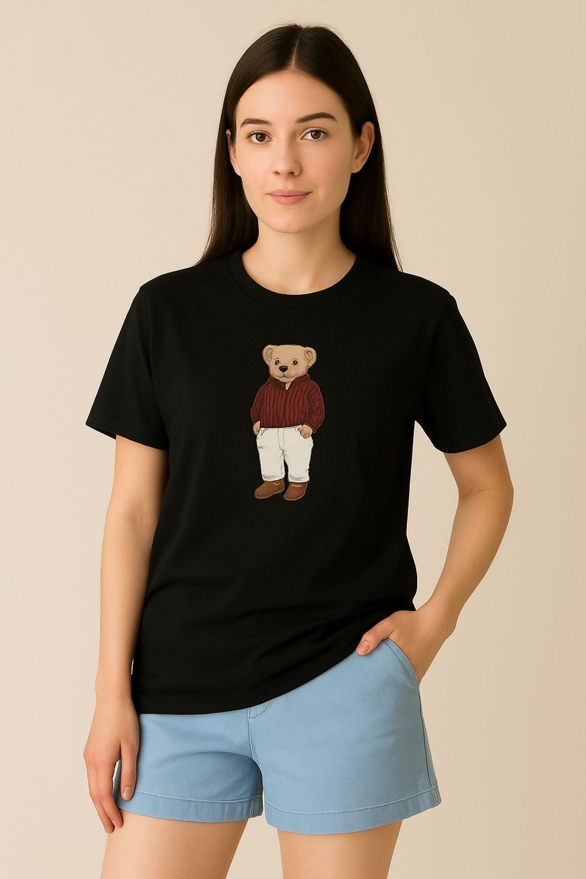 Home Siyah Ayıcık Baskılı Unisex Tişört – Rahat Kesim %100 Pamuk