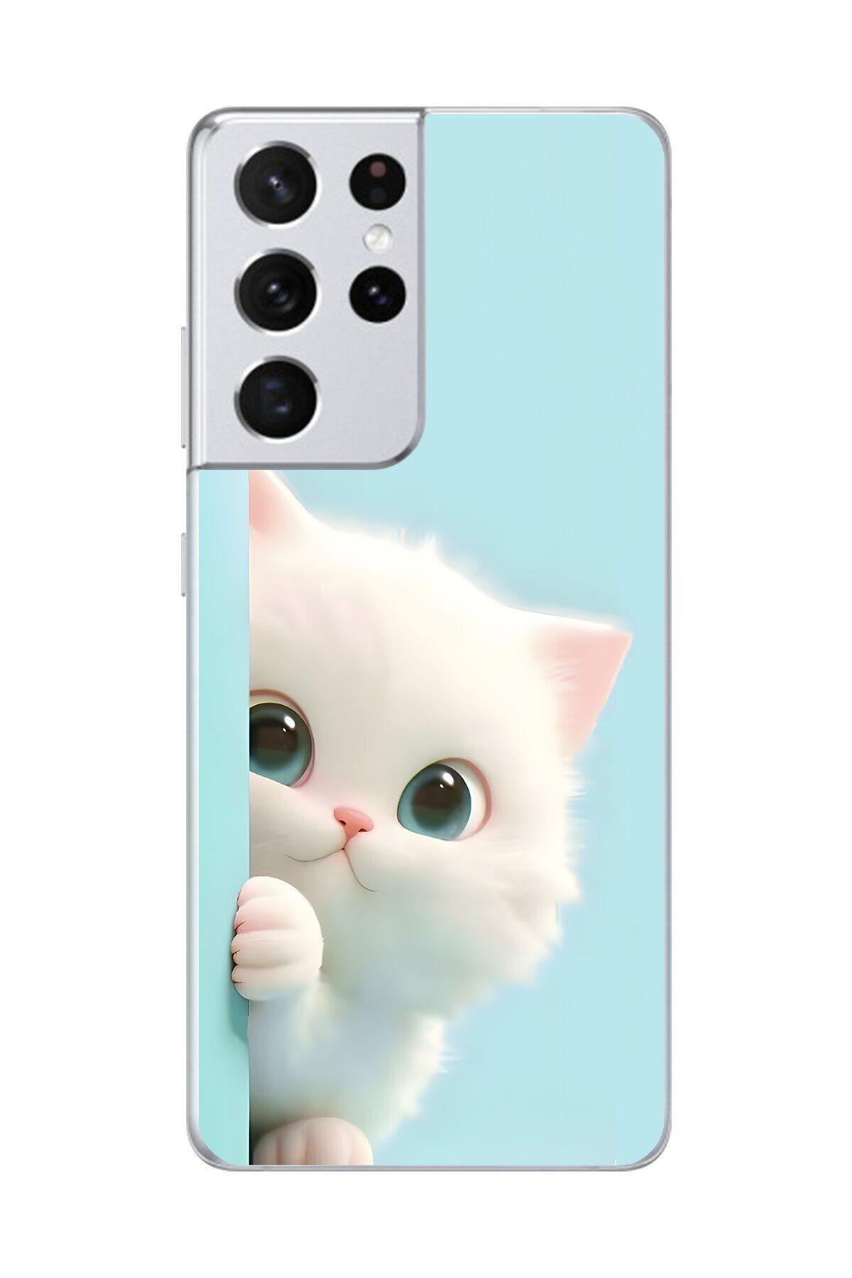 Dali Design Samsung Galaxy S21 Ultra Uyumlu Şeffaf Kılıf 2 Peluş Kedi Tasarımlı