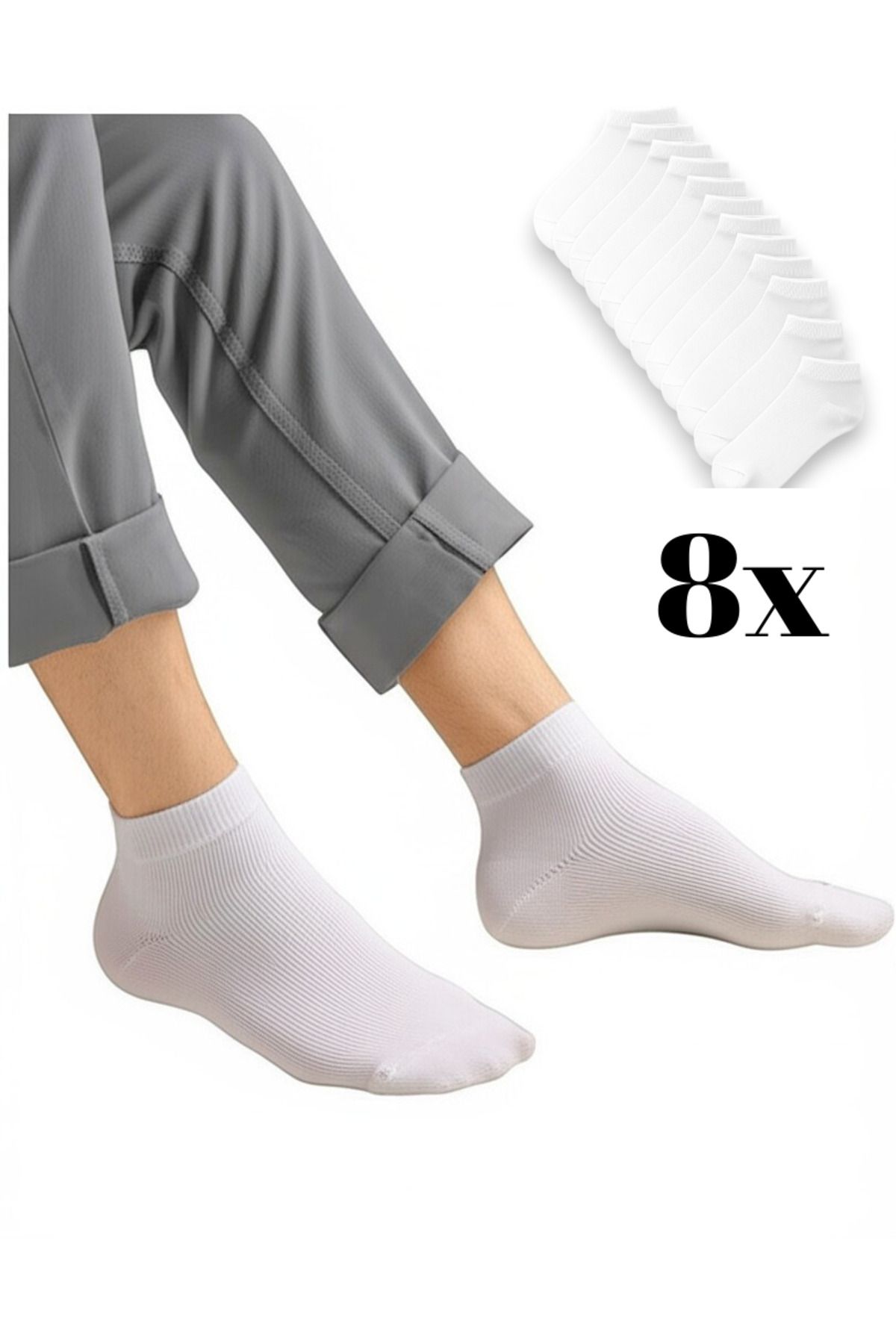 GLANZEND Unisex Beyaz 8 Çift Pamuklu Basic Spor Çorap