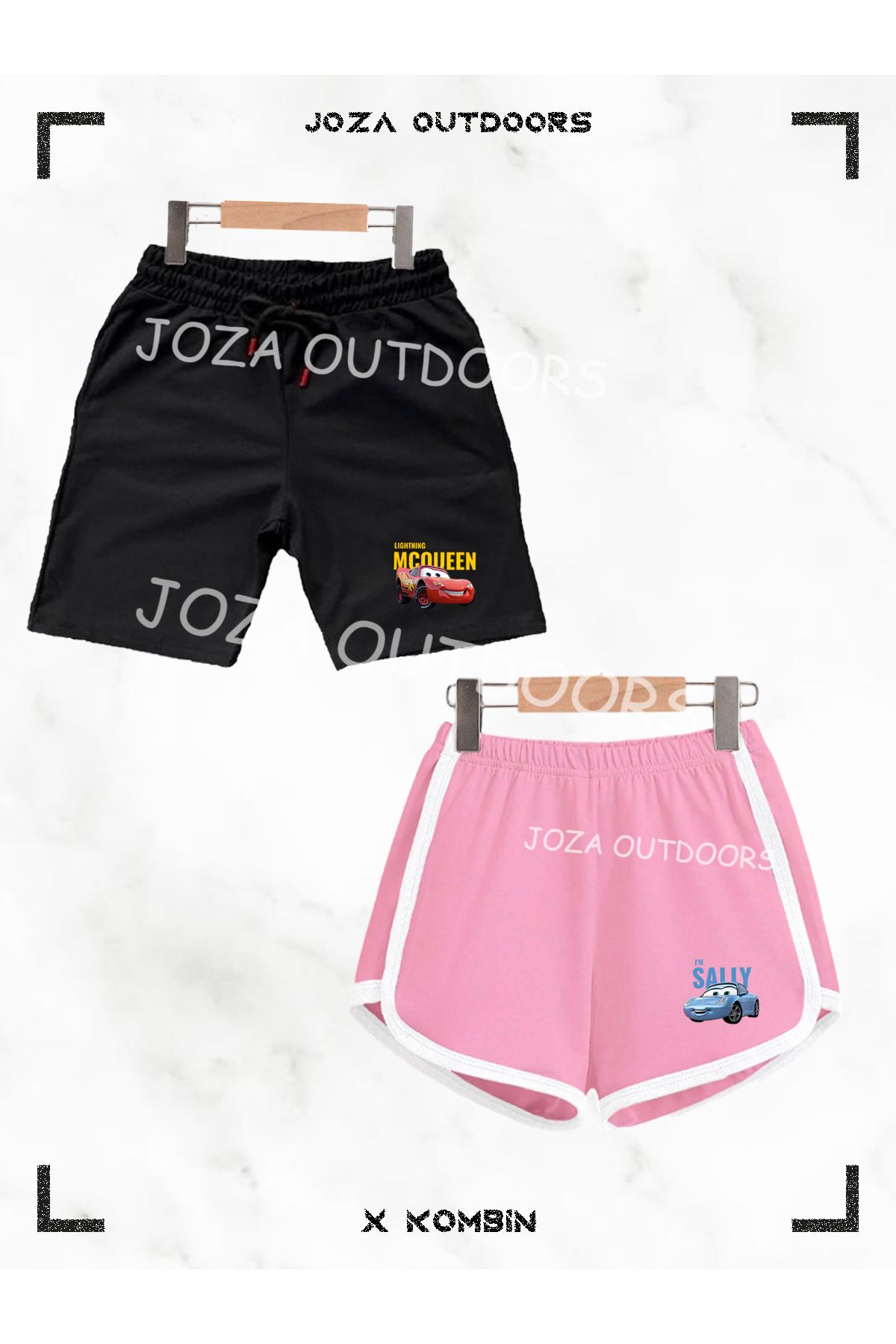 Jobia Outdoors Kadın Erkek Unisex Sally & Mcqueen Baskılı Sevgili Çift Kombini Penye Şort ve Biyeli Şort 2li Takım