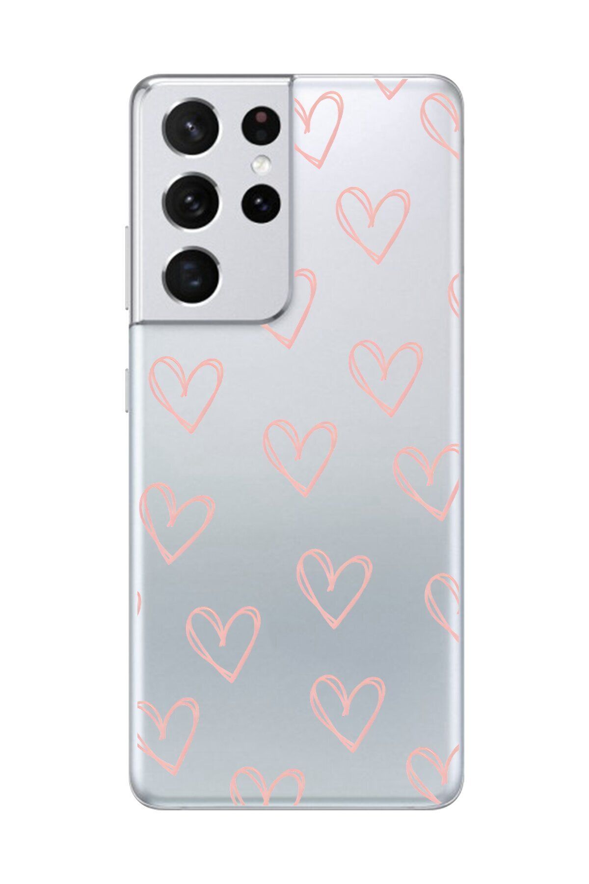 Dali Design Galaxy S21 Ultra Uyumlu Şeffaf Kılıf Şeffaf Kalp 2 Tasarımlı