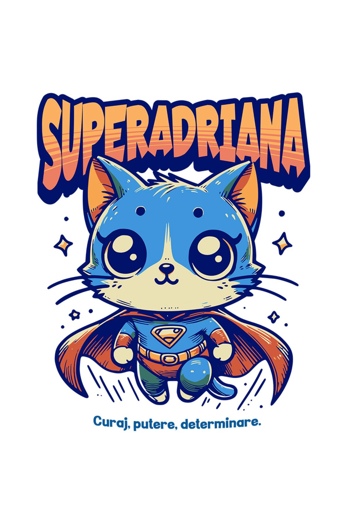 StoryGift Romania Sticker Eticheta 50cm Super Adriana, Supererou, Pisica Zburand Cu Margini Albe, Pvc Vinyl 50 Cm - One Size