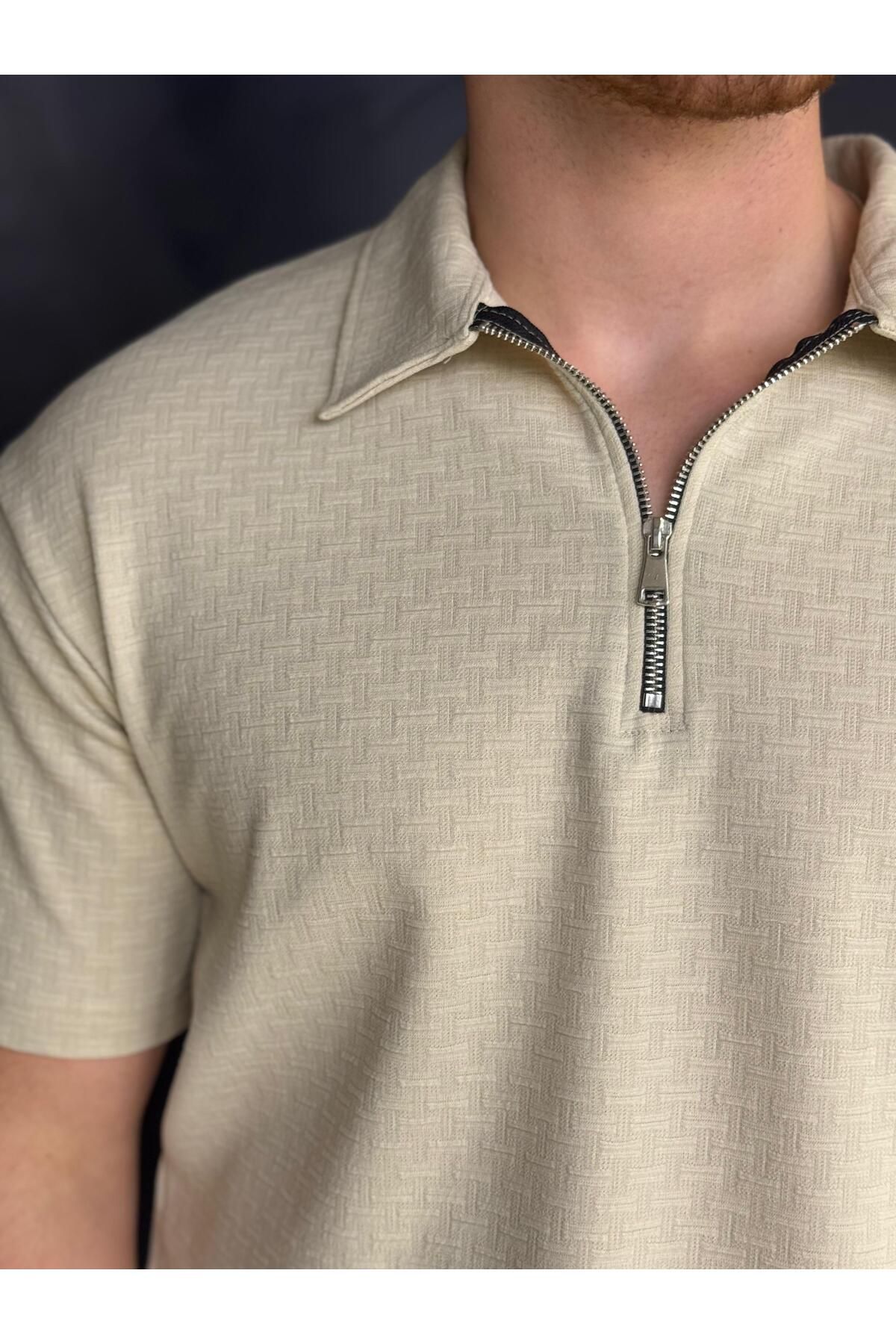 Alpha star Örme kumaş desenli likralı yarım fermuar polo yaka t-Shirt