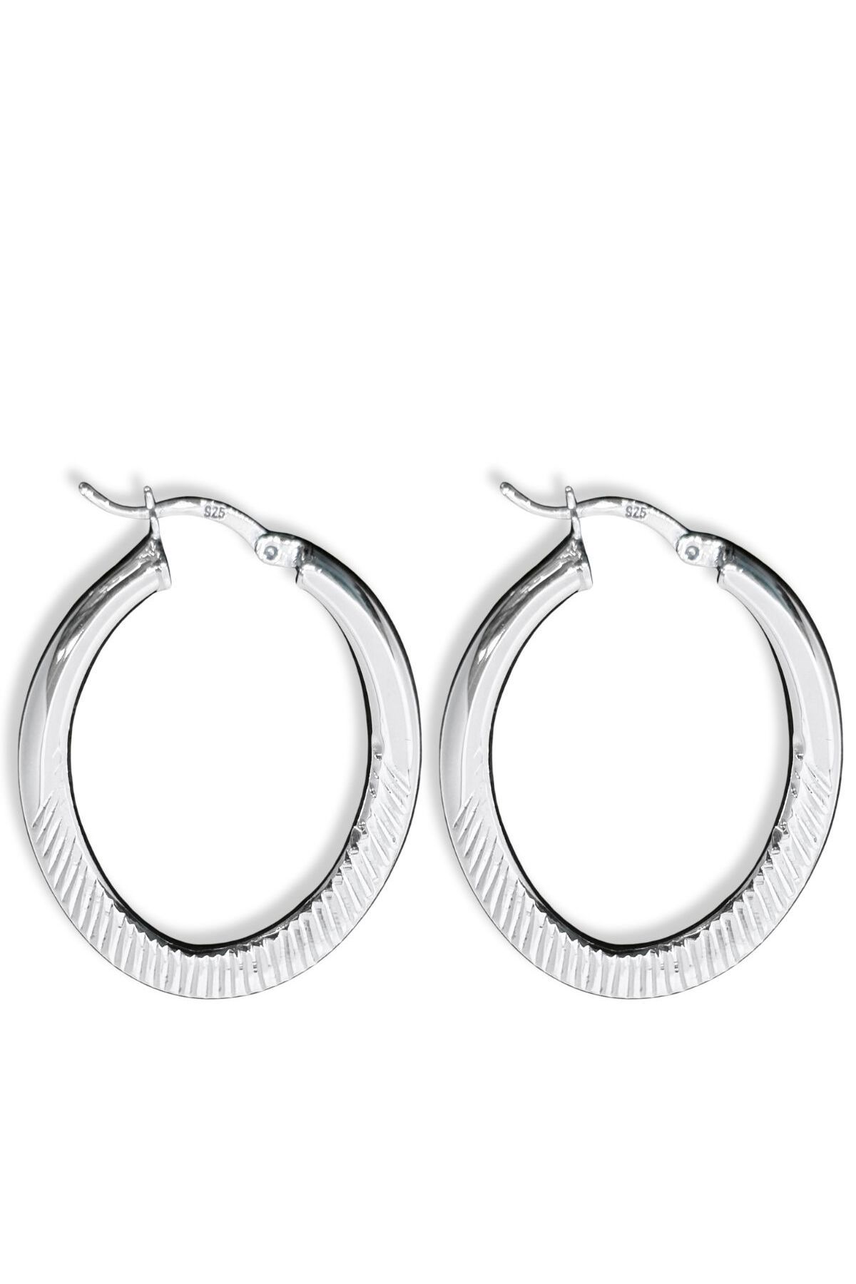 oya silver Çizgili Oval Kadın Gümüş Halka Küpe 3x4CM