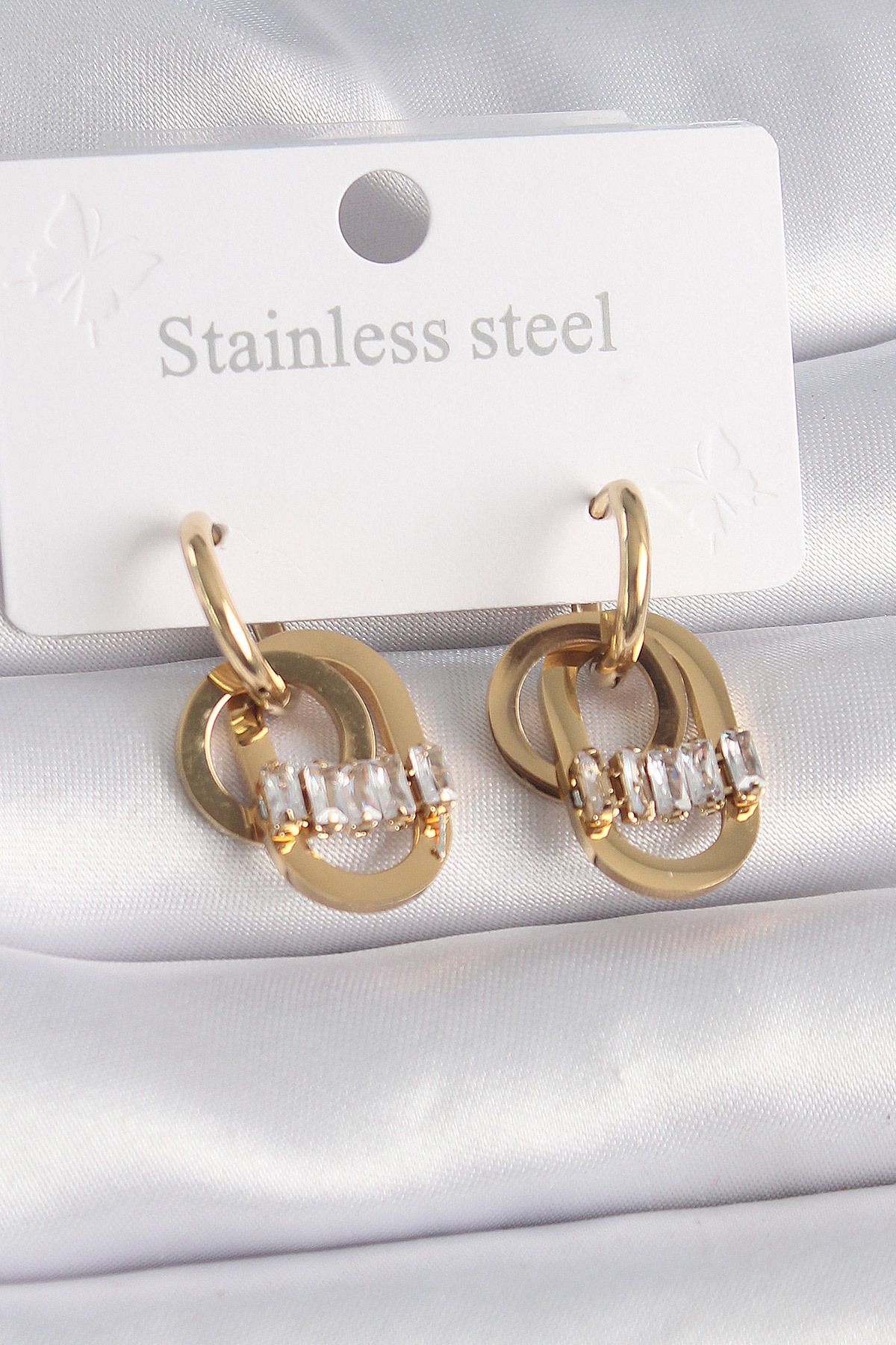 Clariss 316L Çelik Gold Renk Zirkon Taşlı Halka Model Kadın Küpe