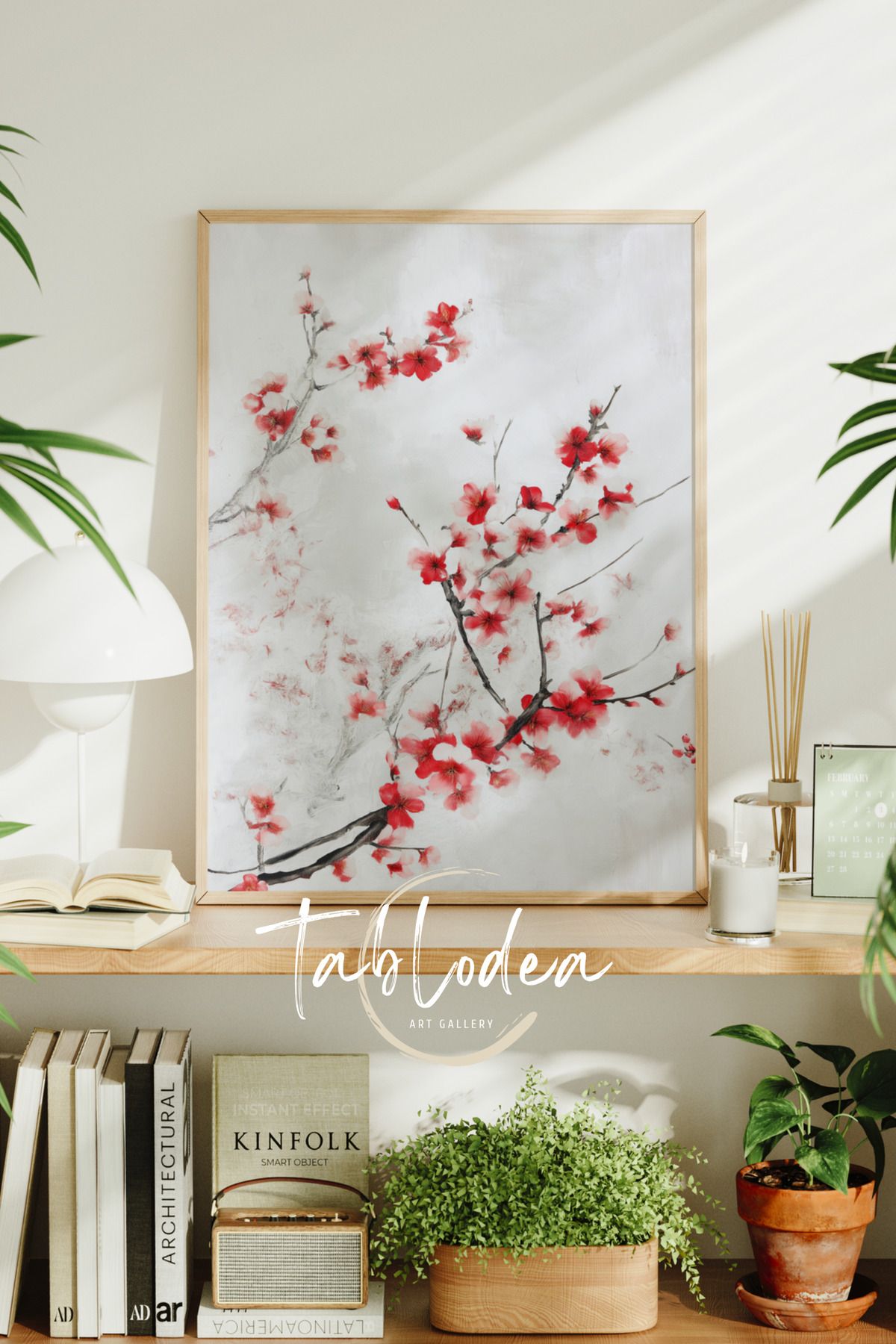 tablodea Minimalist Çiçek Dalları Çerçeveli Poster Tablo, Modern Dekoratif Bohem Çiçekli Duvar Tablosu