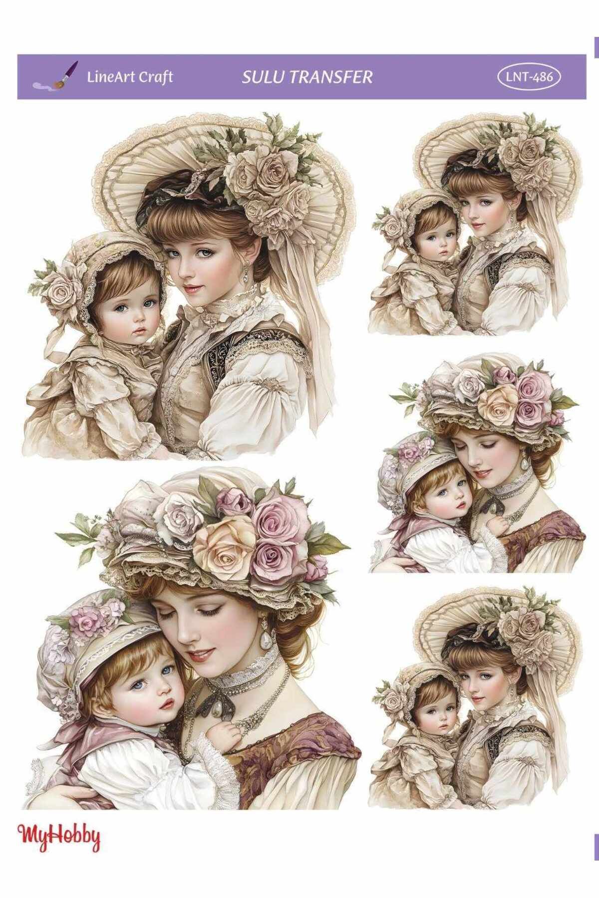 LİNEART LNT486 Çoklu, Anne Çocuk, Anne Kız, Anne Oğul Desenli Açık Zemin Sulu Transfer 25*35 cm