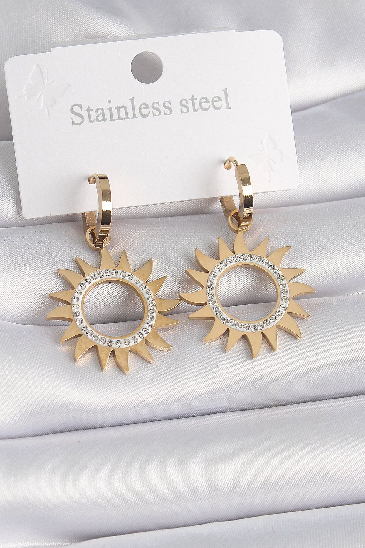 Clariss 316L Çelik Gold Renk Zirkon Taşlı Güneş Model Kadın Küpe