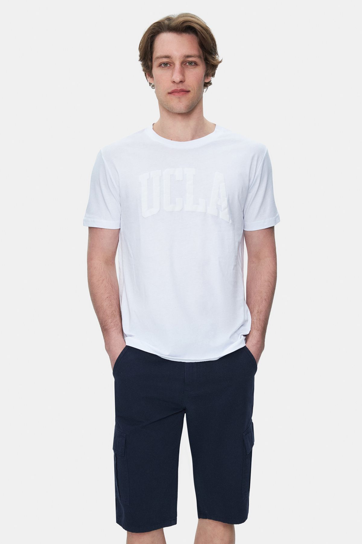 UCLA BLEWIN Lacivert Kargo Cepli Gabardin Nakışlı Standard Fit Erkek Şort