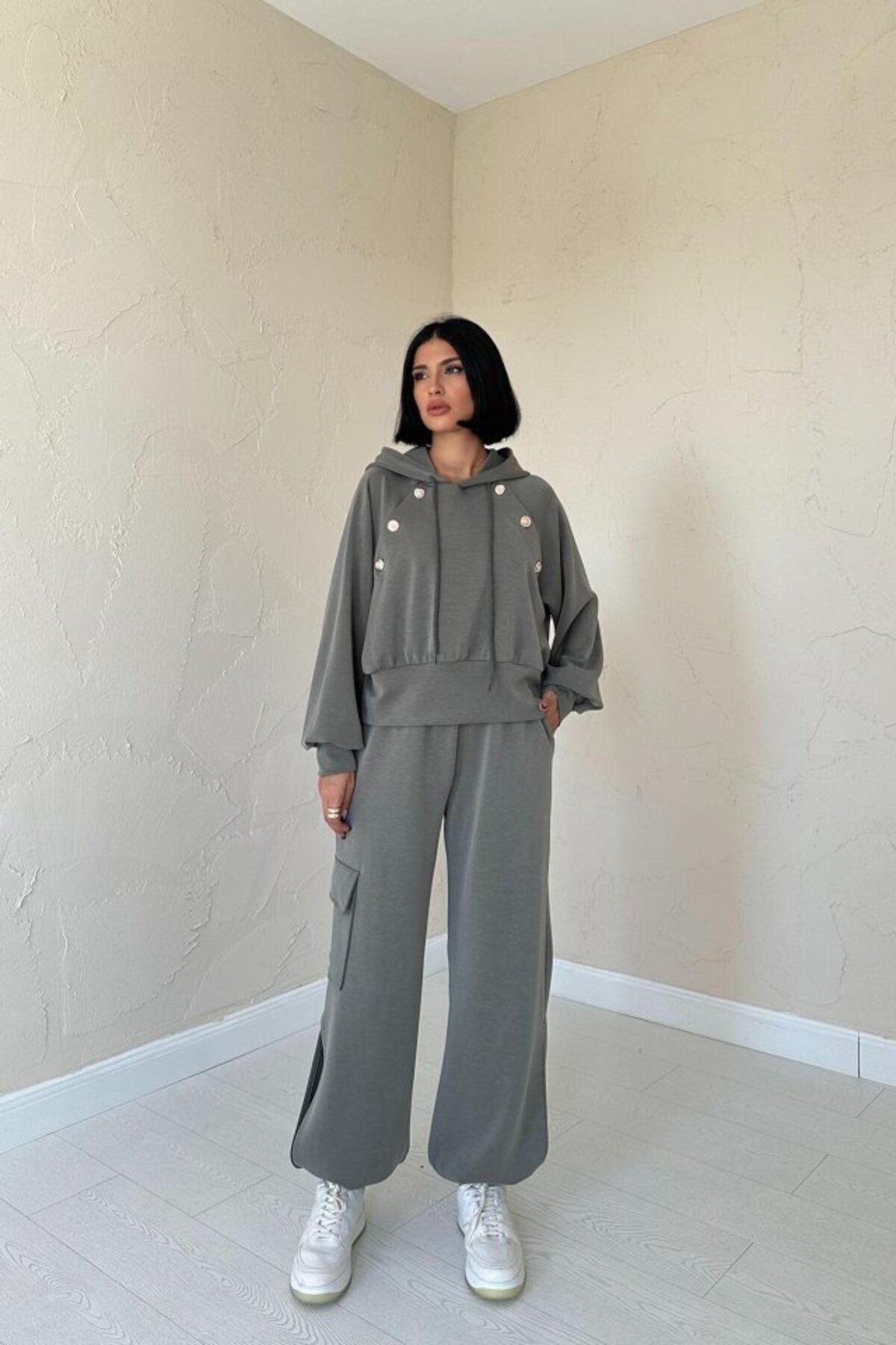 royq Haki Kapüşonlu Sweatshirt Ve Kargo Pantolon Takım
