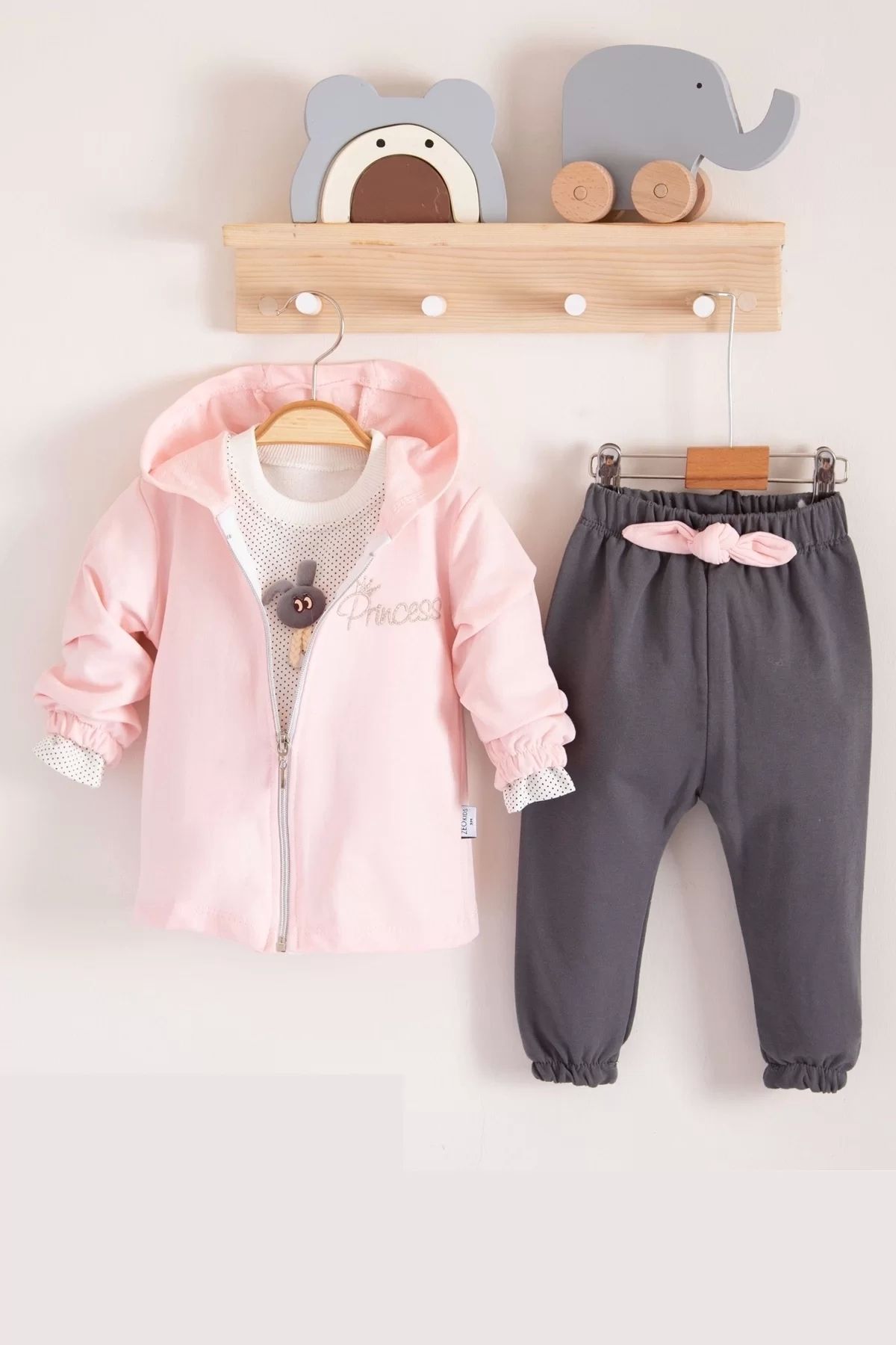 Moda Şahsenem Prences Nakışlı Kapişonlu 3'lü % 100 Pamuk Kız Bebek Takımı