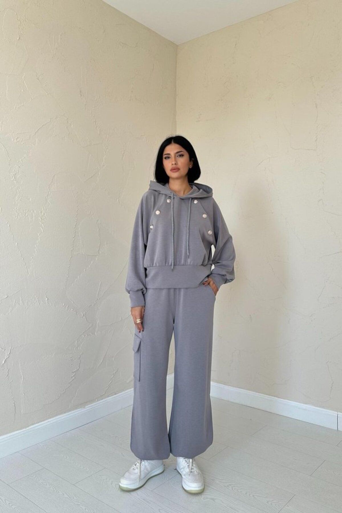 royq Füme Kapüşonlu Sweatshirt Ve Kargo Pantolon Takım
