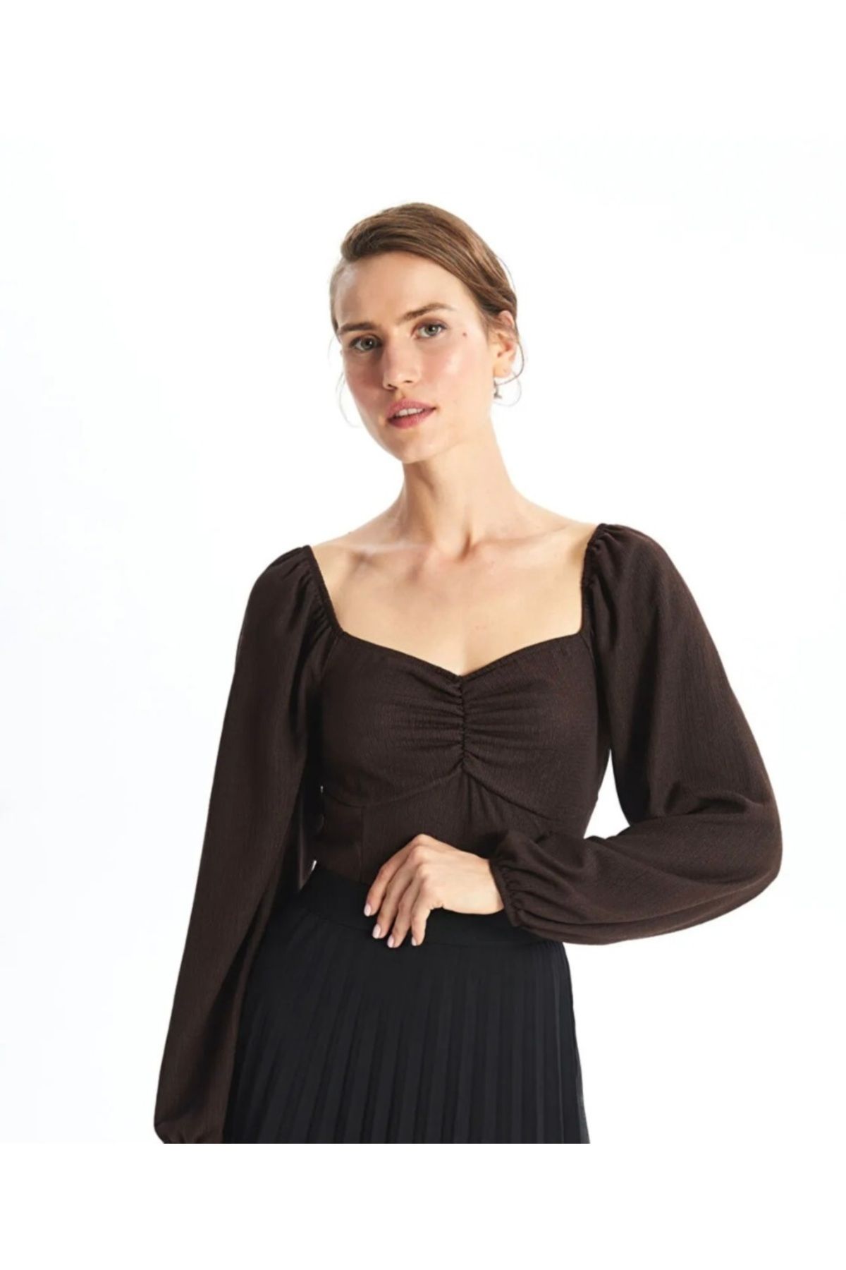 MODA Premium kalite M yaka çilek kumaş kollar tülü bluz