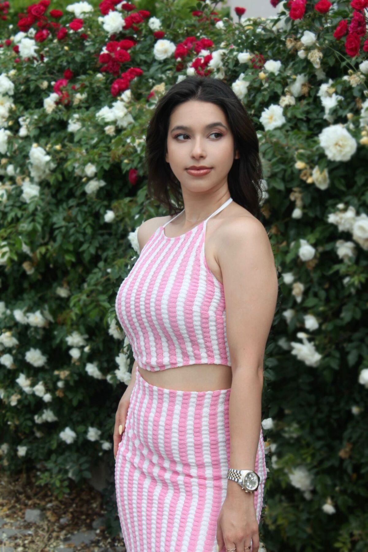 BENDİSTAR BUTİK Pembe Beyaz Çizgili Etekli Yazlık Triko Takım
