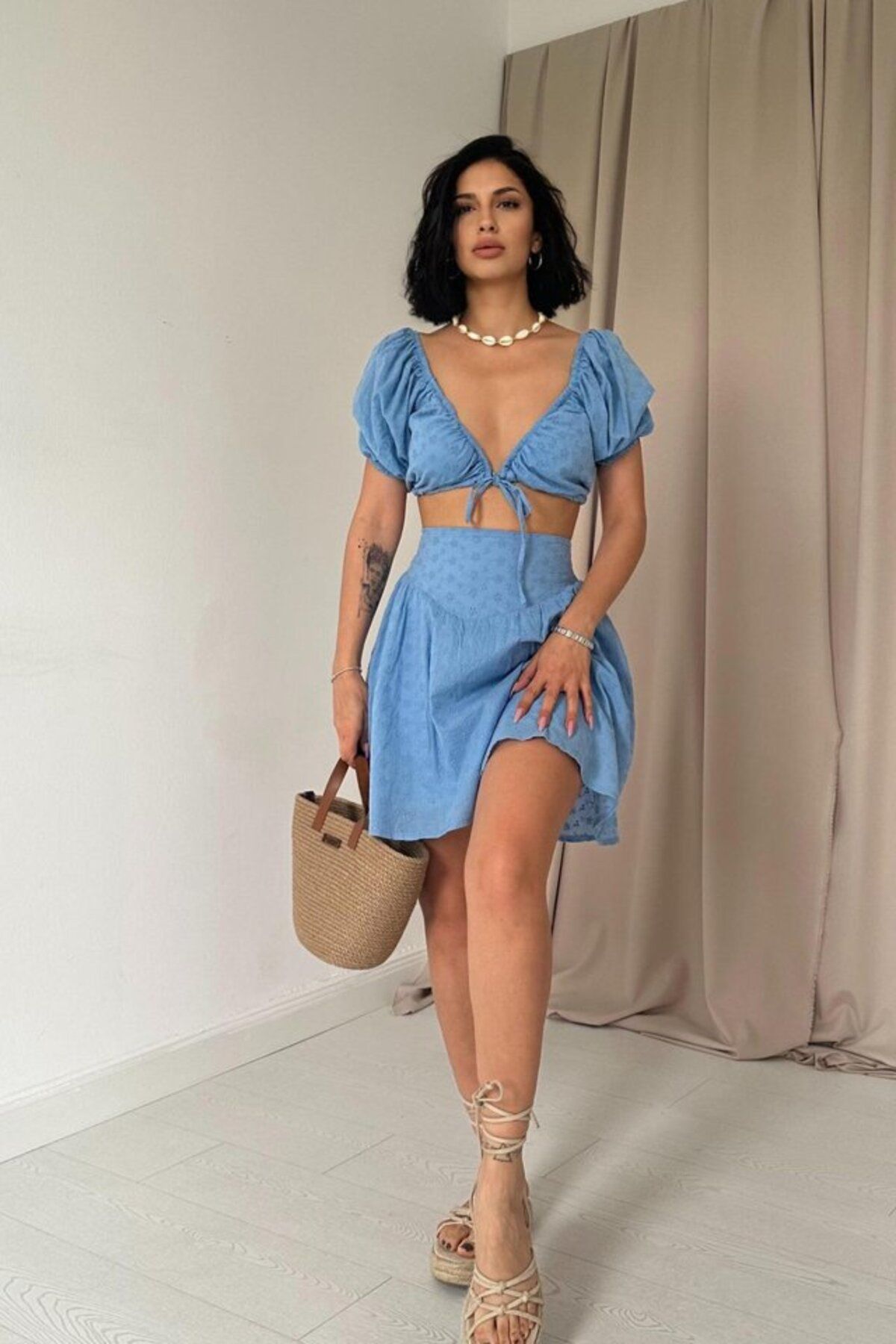 POLEXP Mavi Brode Crop Ve Mini Etek Takım