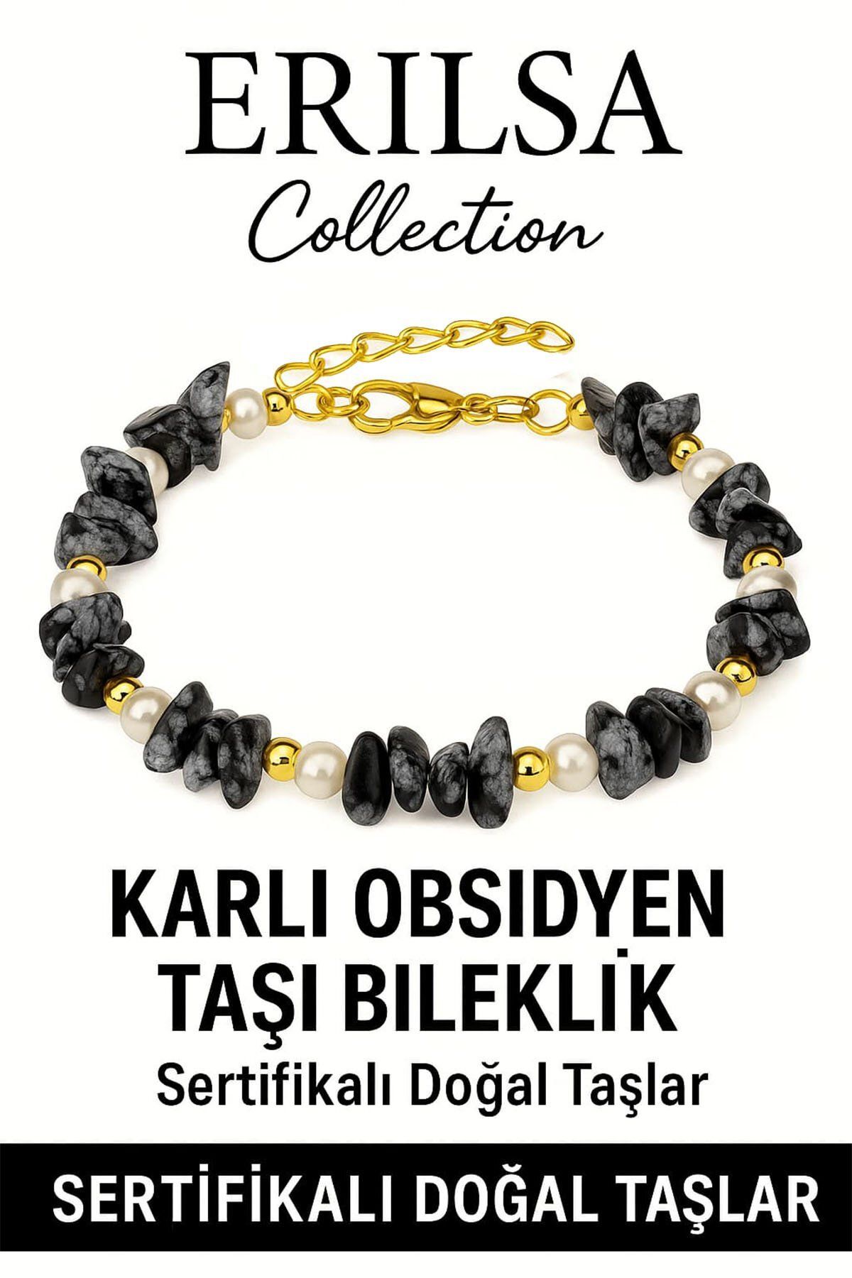 Erilsa Sertifikalı İnci ve Karlı Obsidyen Taşı Bileklik – Denge ve Canlılık Enerjisi