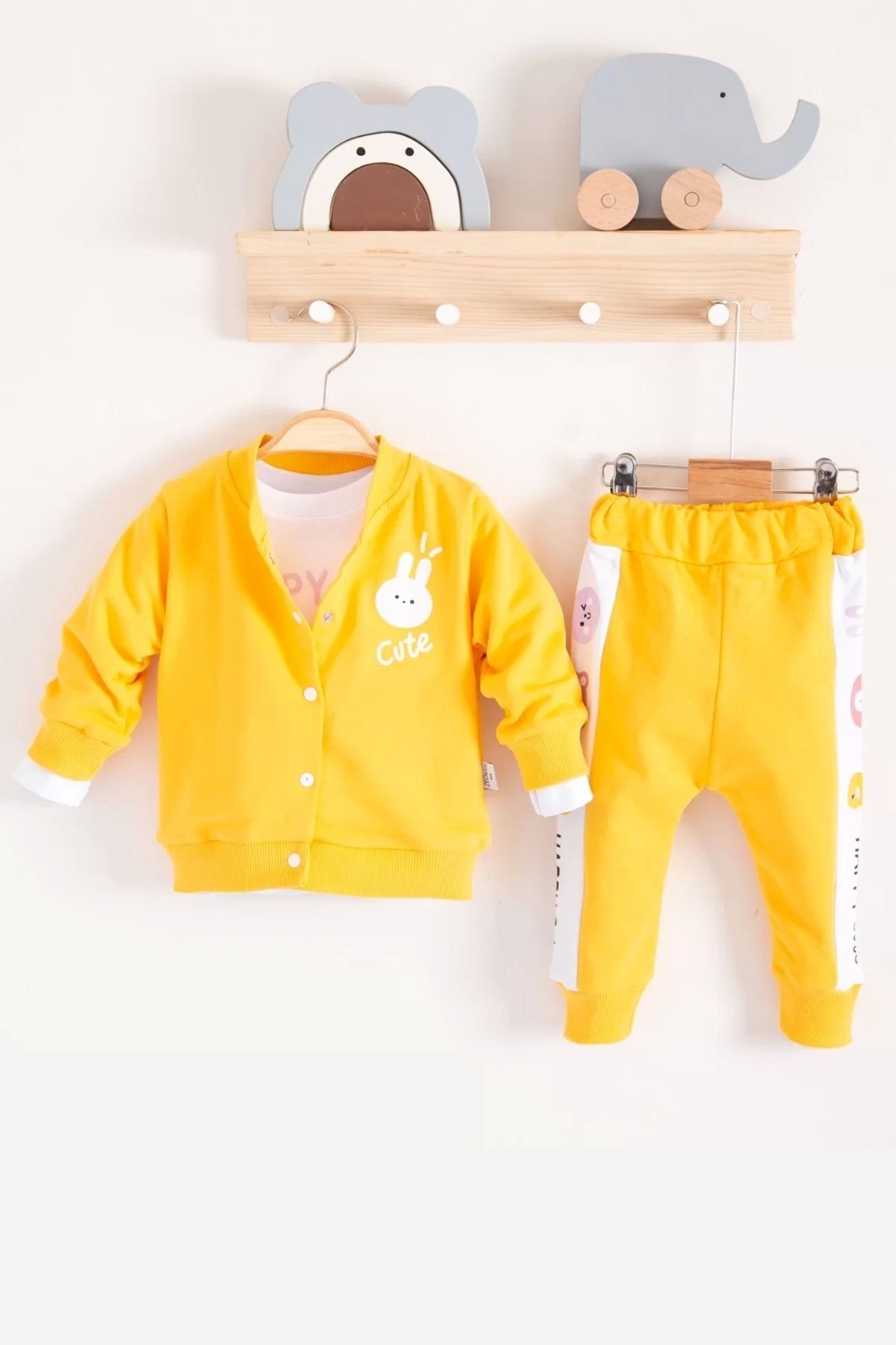 Moda Şahsenem Cute Funny Desenli Kapişonlu Pamuklu 3'lü Kız Bebek Takımı