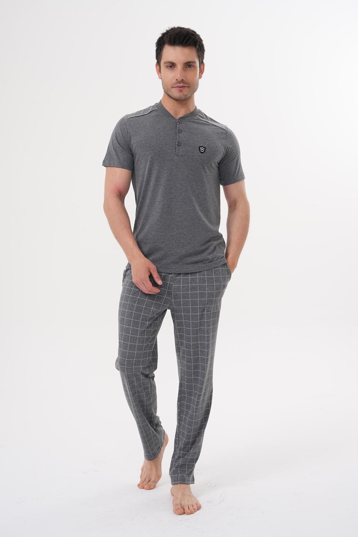 Mecit Pijama Mecit 2981 Füme Büyük Beden Kısa Kollu Erkek Pijama Takımı