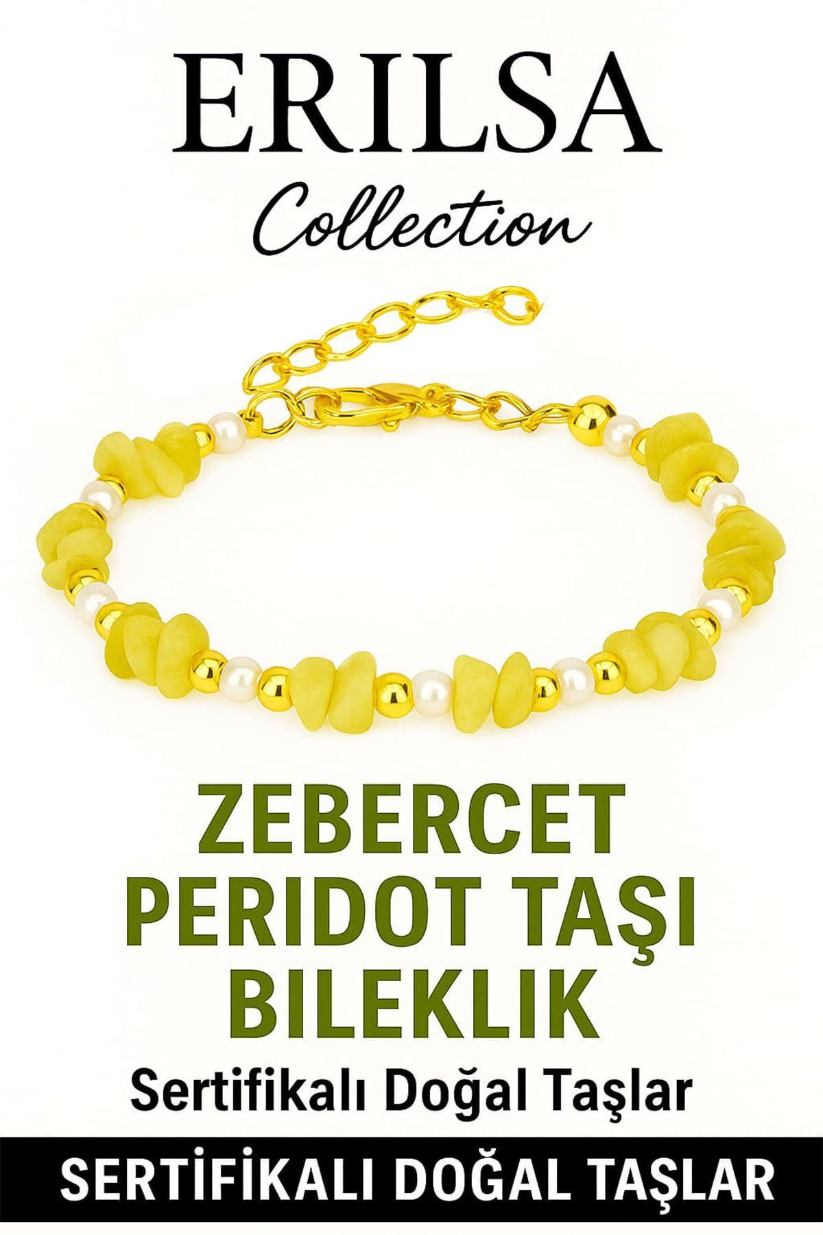 Erilsa Sertifikalı Kırık Taşlı Model İnci – Zebercet (Peridot) Taşı Bileklik – Denge ve Canlılık Enerjisi