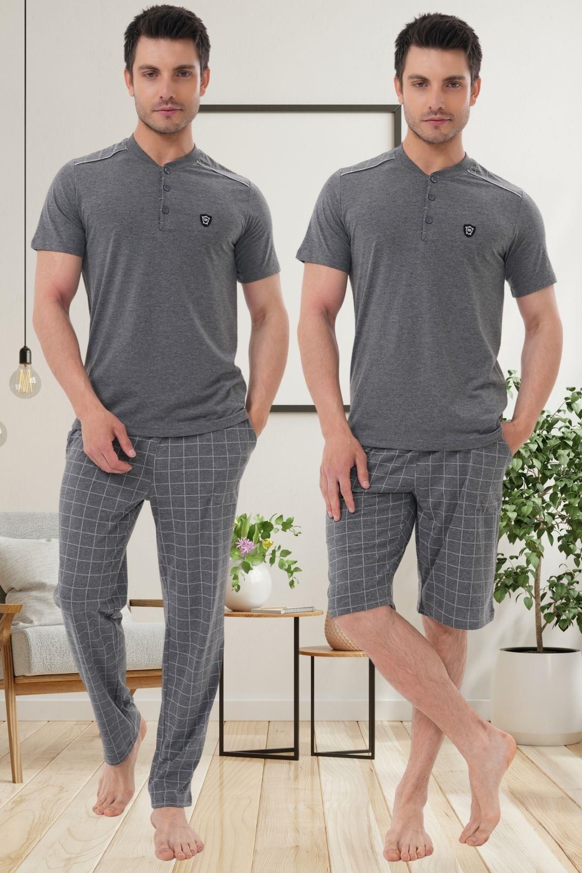 Mecit Pijama Mecit 2980 Füme Büyük Beden 3 Parça Erkek Şortlu Pijama Takımı